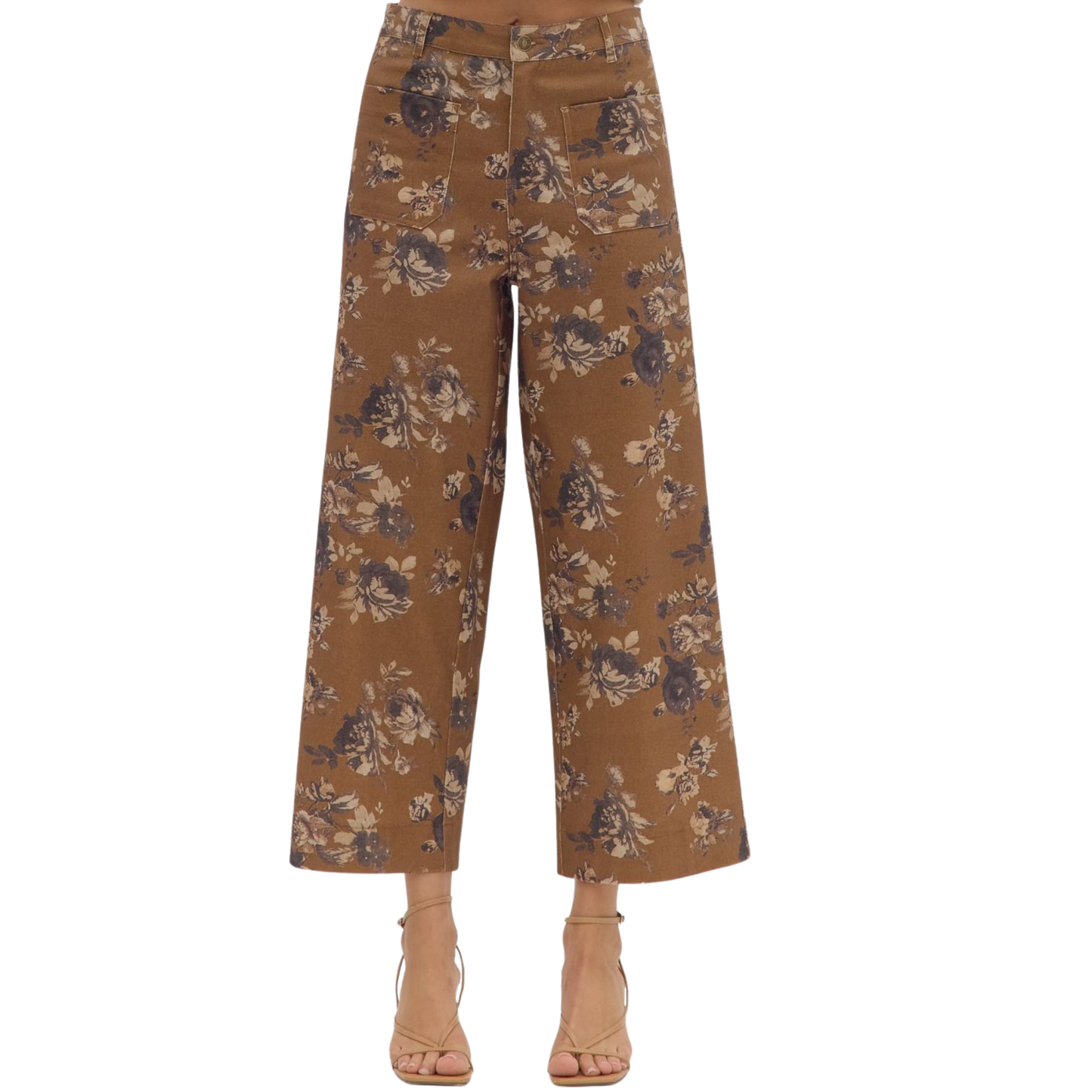 These mid-rise ankle-length pants by Entro feature a delicate floral pattern on a lightweight, woven fabric that ensures comfort without transparency. Designed with a button and zip-fly closure, they offer a secure fit complemented by practical patch pockets at both front and back. Their unlined construction maintains breathability, making them ideal for warm weather while retaining a polished, expert look. Perfect for those seeking stylish, versatile pants with attention to detail.