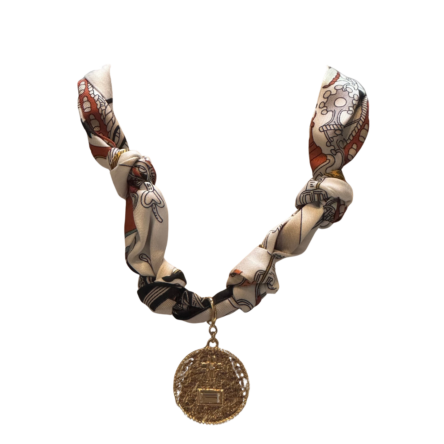 Brown scarf necklace with gold medallion pendant