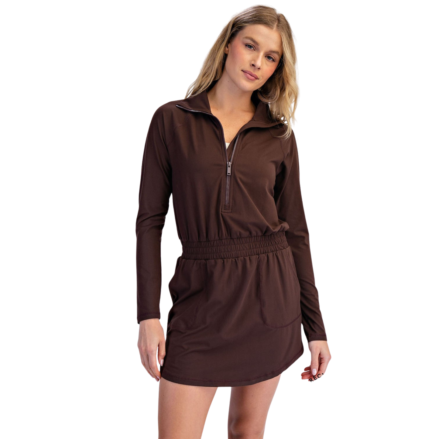 Elevate your casual wardrobe with this versatile Rae Mode romper, expertly crafted in a luxuriously soft butter texture. Featuring a classic collared neckline and long sleeves for refined coverage, this piece transitions seamlessly from day to evening. The mini skirt silhouette offers a flattering, contemporary cut that works beautifully for various occasions. The rich espresso hue provides sophisticated versatility, pairing effortlessly with your existing pieces. Designed with quality construction and prem