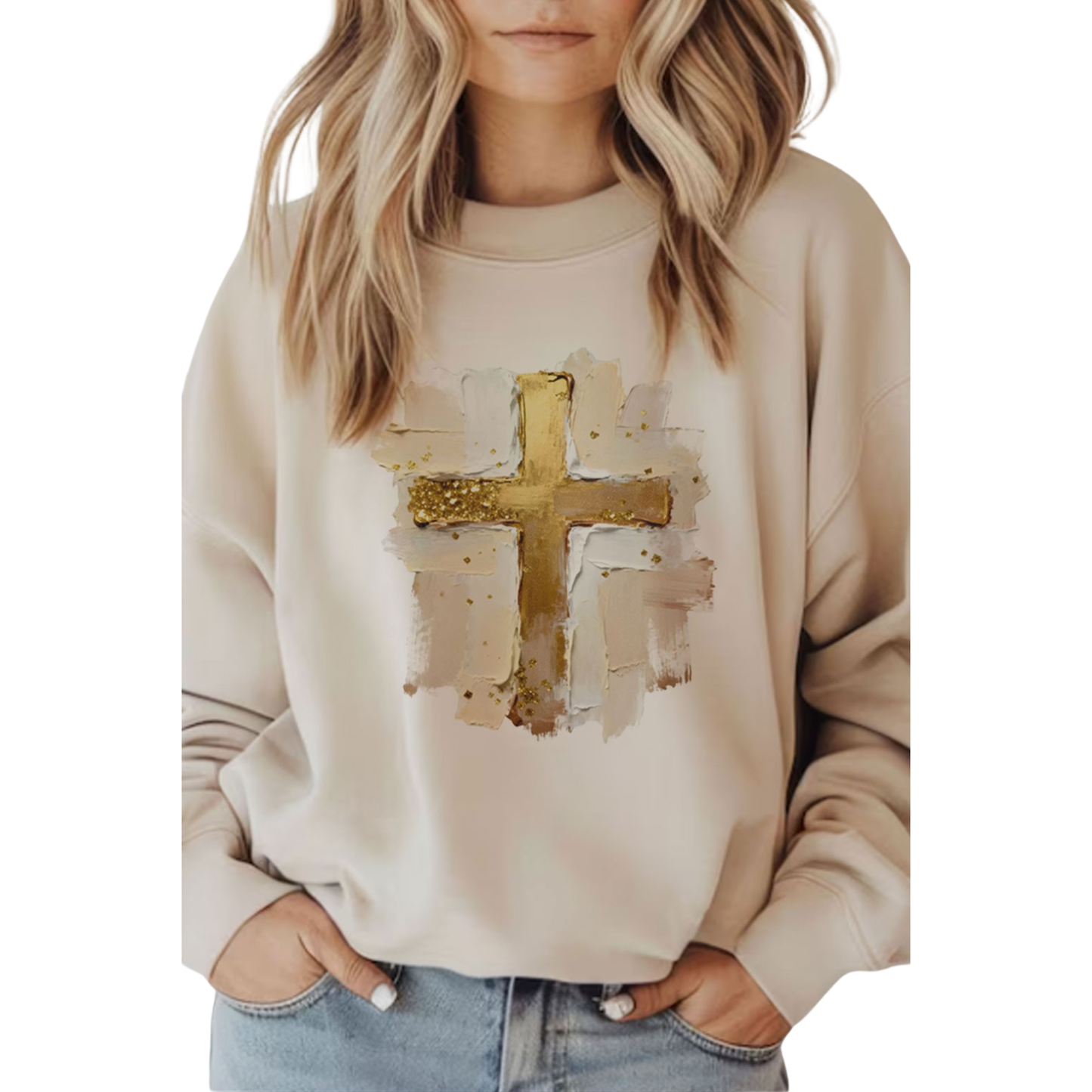 Elevate your casual wardrobe with this bone-colored long sleeve sweatshirt from Carmelo, featuring a striking cross graphic rendered in bold brush strokes. The understated neutral palette pairs effortlessly with any outfit, while the artistic design adds visual interest and contemporary edge. Crafted for comfort and durability, this piece transitions seamlessly from everyday wear to layered styling. A versatile essential that combines minimalist aesthetics with meaningful symbolism.