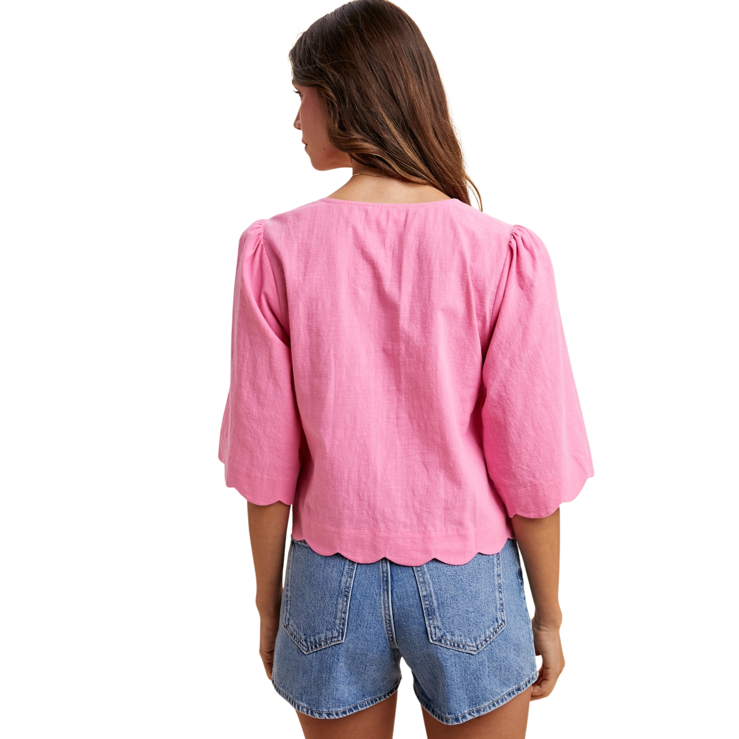 Elevate your casual wardrobe with this charming half-sleeve top in a playful bubble gum hue. Crafted by Anniewear, this piece features delicate scalloped detailing along the hem for a feminine touch. The relaxed fit and soft fabric make it perfect for everyday wear, while the eye-catching color adds instant personality to any outfit. Versatile enough to dress up or down, this top pairs beautifully with jeans, skirts, or tailored pants for effortless style.