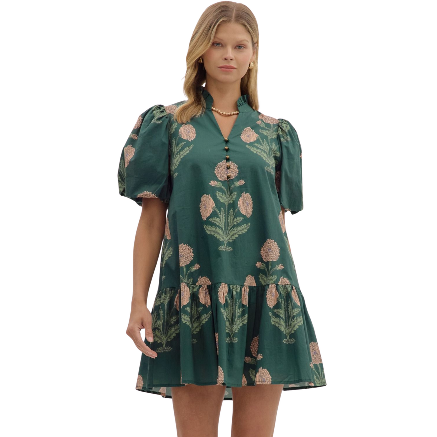 This Entro mini dress in hunter green features a delicate floral design, combining elegance with a fresh, natural vibe. Its bubble sleeves add a modern, voluminous touch, while the ruffle hem and ruffle neckline enhance the silhouette with a soft, feminine flair. Ideal for confident, stylish occasions, this dress balances playful detailing with sophisticated craftsmanship.