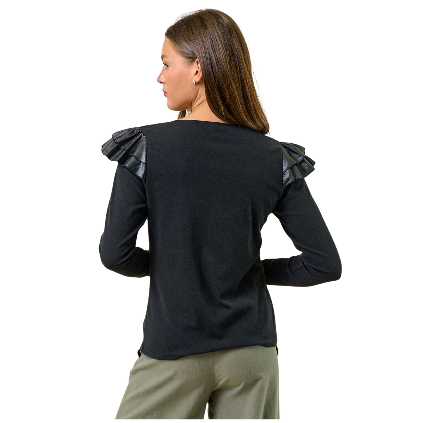 Elevate your wardrobe with the Butterfly Ruffle Top by Doe and Rae. Featuring a flattering V-neck and delicate butterfly-shaped ruffles, this long-sleeve black blouse combines elegance and subtle drama. Its refined design ensures both comfort and style, perfect for professional looks or sophisticated casual wear.
