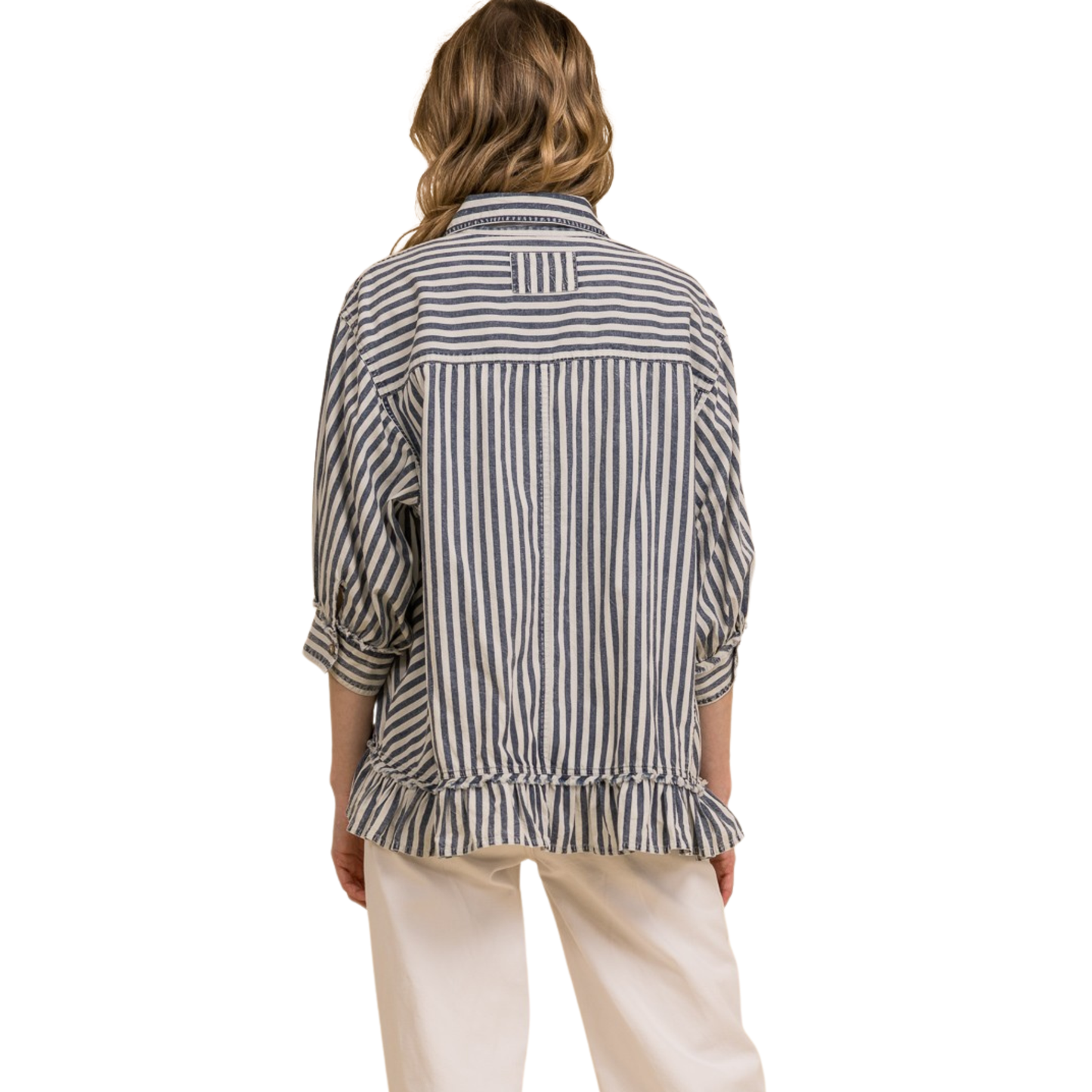 Elevate your everyday style with this classic denim stripe button-down top from Blue Velvet. Featuring a crisp collar and full button front, this versatile piece offers timeless appeal with modern comfort. The three-quarter length sleeves provide the perfect balance between coverage and breathability, making it ideal for layering or wearing solo. Crafted with quality construction, this top transitions seamlessly from casual weekends to polished workdays.