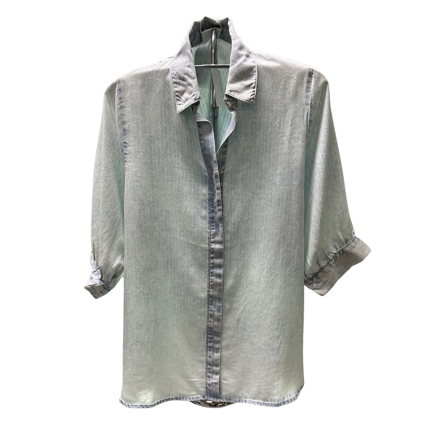 Effortless style meets everyday comfort with this light wash denim button-up top from Very J. Featuring a classic collar and short sleeves, this versatile piece transitions seamlessly from casual weekends to relaxed workdays. The timeless denim wash pairs with virtually any bottoms in your wardrobe, making it a wardrobe essential that works harder than it looks.