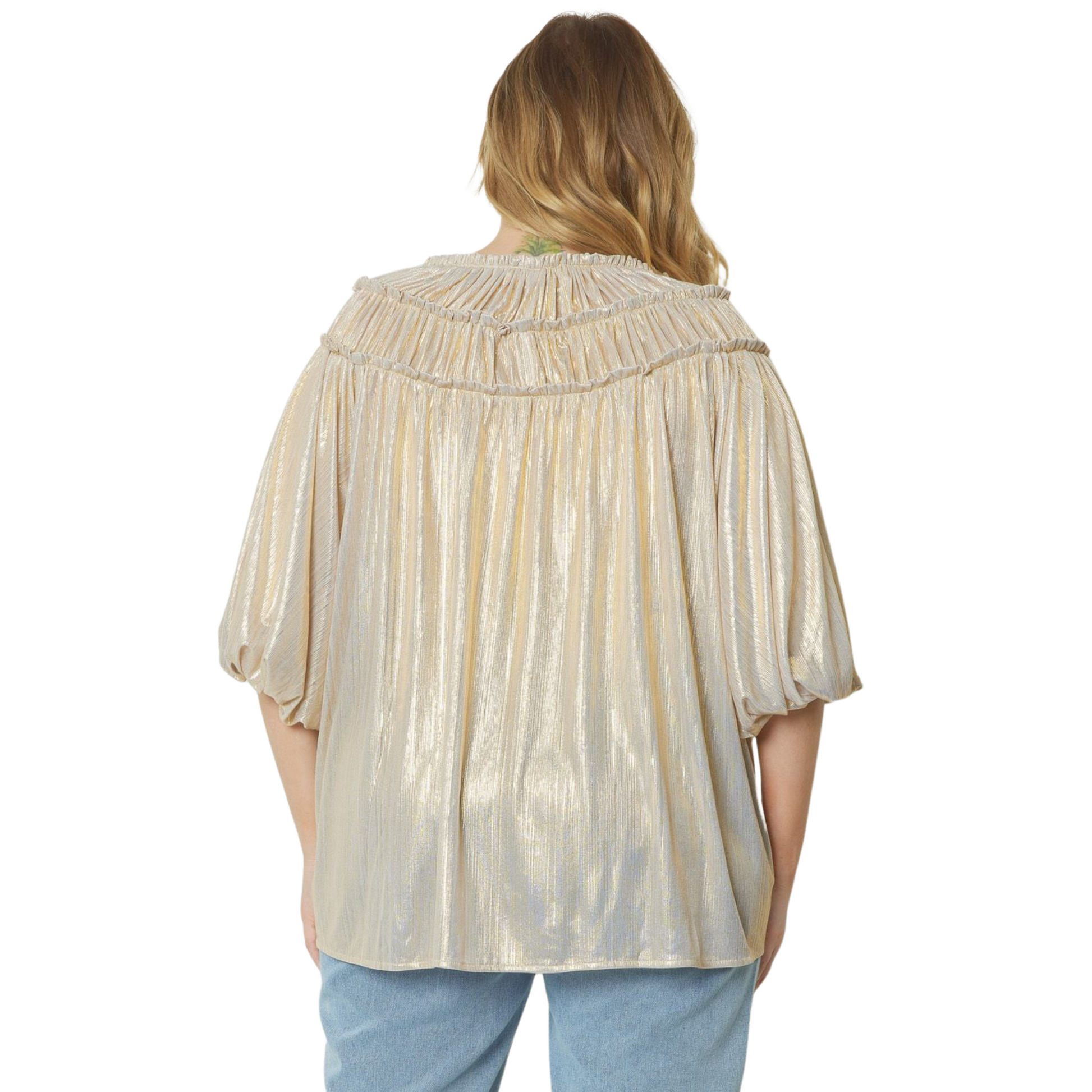 Introducing the Pleated Half Sleeve Top, the perfect addition to your wardrobe. This top not only features a stunning champagne color and pleated metallic design, but also has a lightweight and non-sheer material for comfortable wear. Its pleat detailing at the shoulders adds a touch of sophistication, making it suitable for all occasions. Available in plus size for a flattering fit.