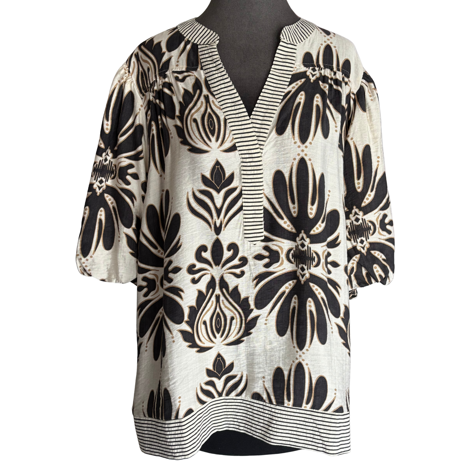 The She+ Sky Bubble Sleeve Woven Top in charcoal offers a sophisticated silhouette designed specifically for plus-size figures. Its voluminous bubble sleeves add a touch of modern flair while maintaining comfort and ease of movement. Crafted from soft woven fabric, this top provides a flattering fit that enhances your natural shape, making it an excellent choice for professional settings or elevated casual wear. The deep charcoal hue ensures versatile styling options, ideal for building a refined, confident