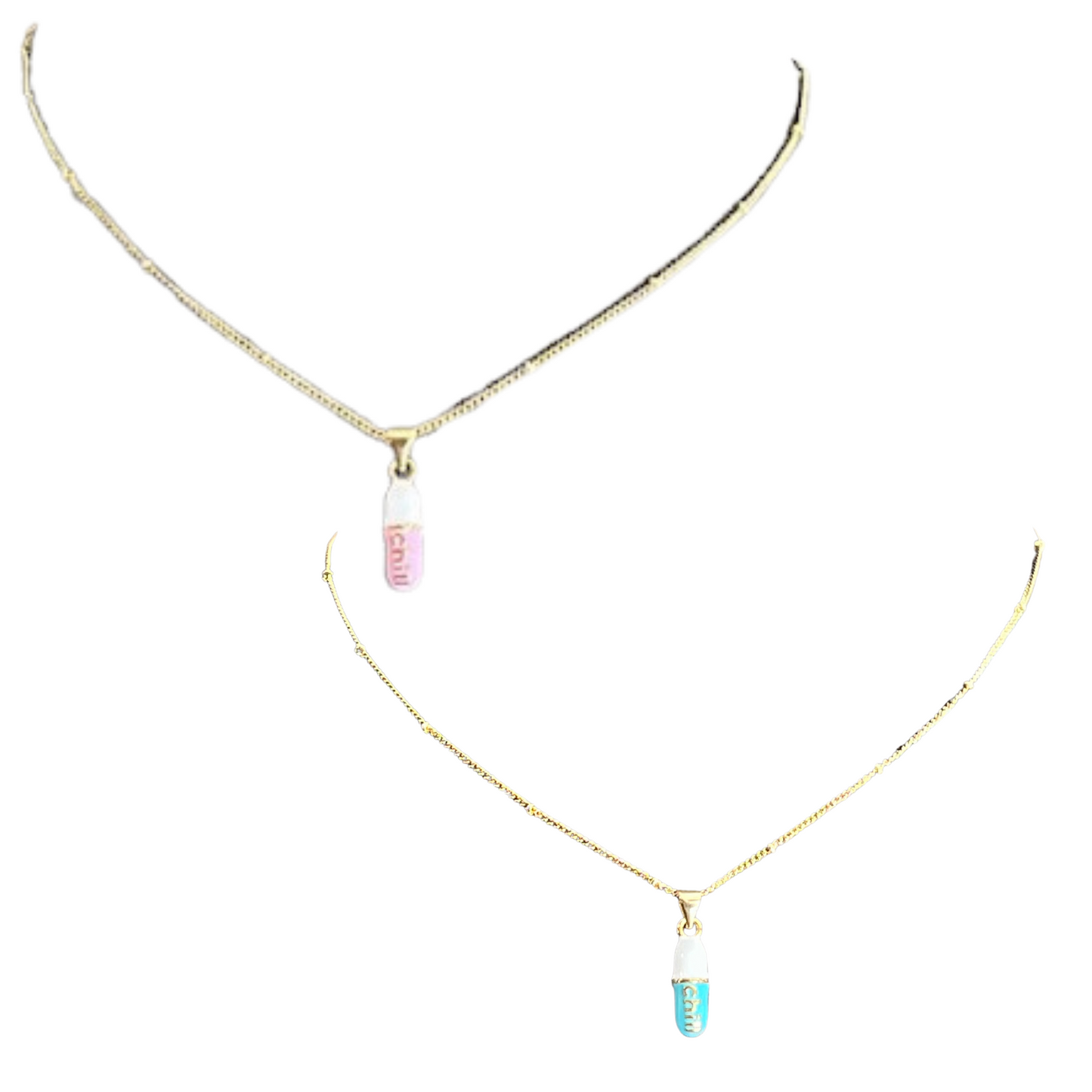 Our Chill Pill Necklace is a stylish and unique accessory for any wardrobe. It features a bright pink or blue chill pill pendant suspended from a gold chain. Add a fun, light-hearted touch to your favorite looks and make a fashion statement you can truly be proud of.