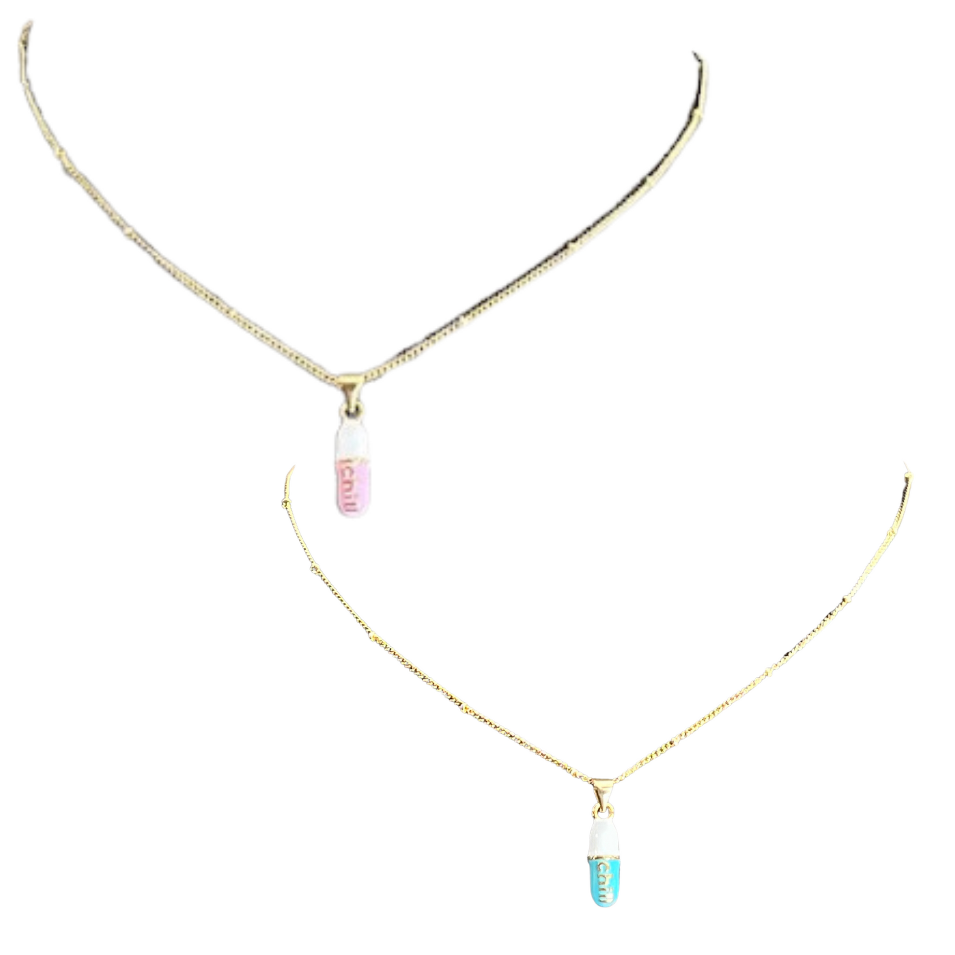 Our Chill Pill Necklace is a stylish and unique accessory for any wardrobe. It features a bright pink or blue chill pill pendant suspended from a gold chain. Add a fun, light-hearted touch to your favorite looks and make a fashion statement you can truly be proud of.