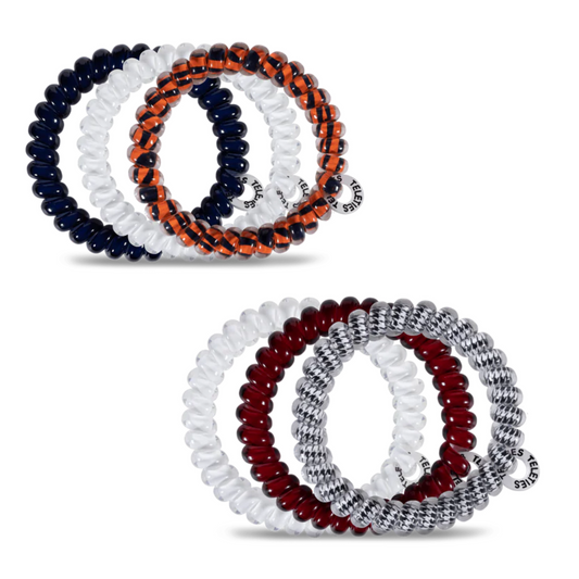 Hold your hair and enhance your style with these collegiate TELETIES. The strong grip, no rip hair ties that double as a bracelet. Strong, pretty and stylish, TELETIES are designed to withstand everyday demands while taking your look to the next level. War Eagle or Roll Tide!