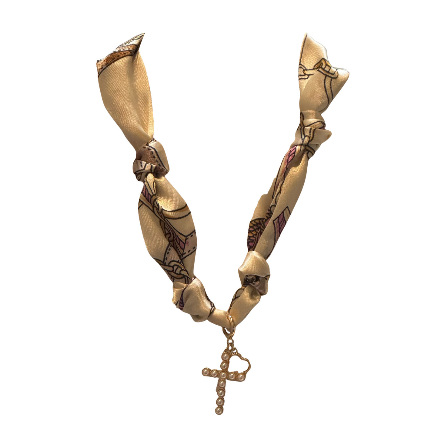 Cream colored scarf necklace with cross pearl cross pendant