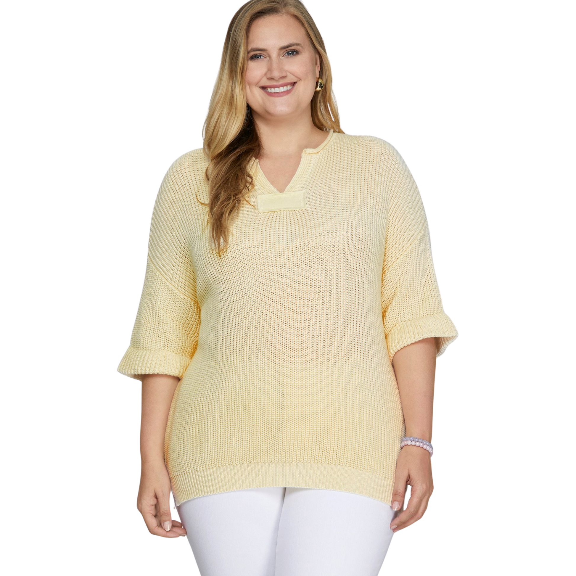 This cream-colored, half sleeve knit sweater from Mad Fit is expertly designed for plus-size comfort and style. Featuring a flattering V-neck, it offers a versatile, breathable fit ideal for layering or wearing on its own. The soft knit fabric ensures all-day comfort while enhancing your silhouette with a modern, elegant touch. Perfect for both casual and professional settings.