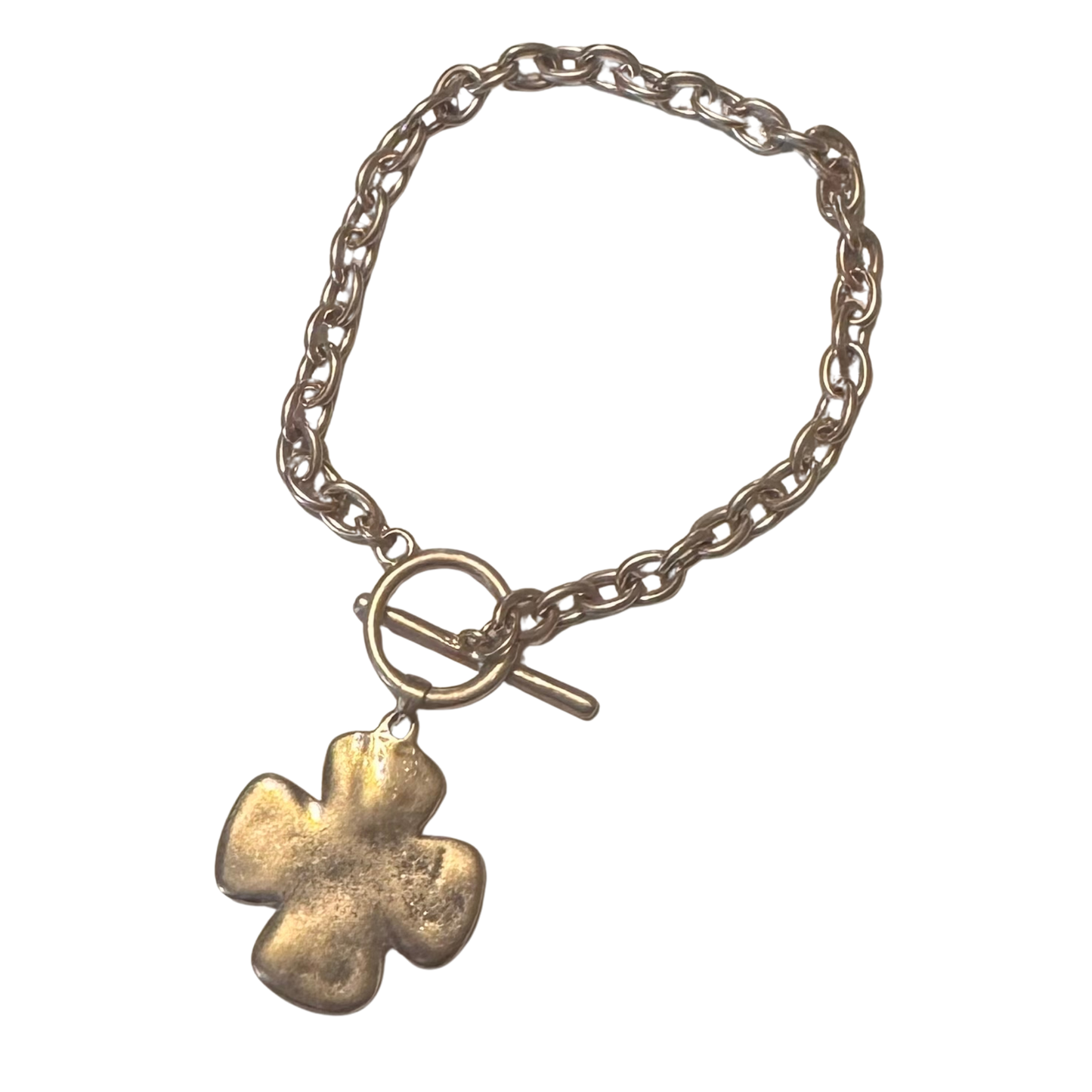 This Garden Party cross bracelet showcases meticulous craftsmanship with its interlocking gold chain links and prominent cross pendant. The design balances spiritual symbolism with modern aesthetic appeal, featuring premium gold construction that resists tarnishing and maintains its lustrous finish. The secure chain mechanism ensures durability for everyday wear, while the cross pendant adds a distinctive focal point.