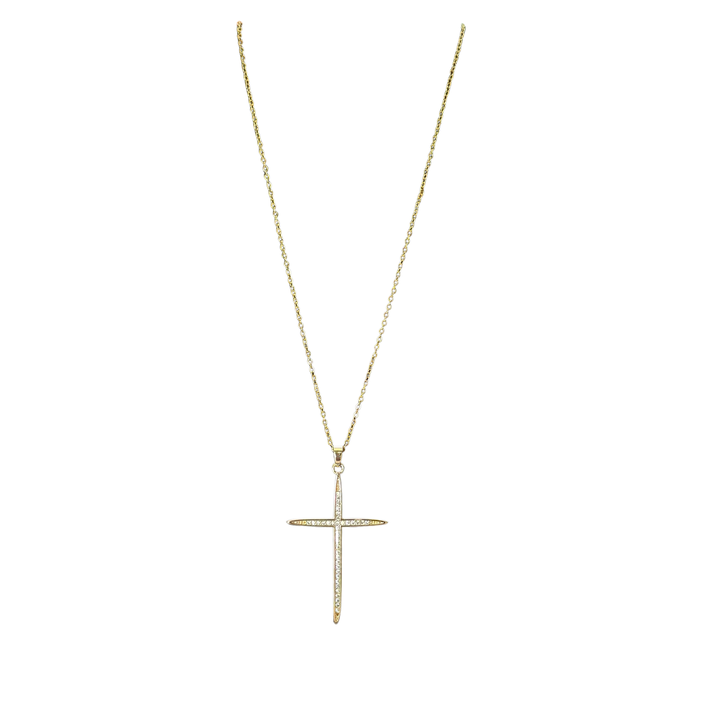 Stunning gold rhinestone cross necklace by Perdido Gems. This striking piece features a classic cross silhouette adorned with brilliant rhinestone accents that sparkle with every movement. Crafted with attention to detail, the gold finish complements the shimmering crystals for a luxurious, versatile look. Perfect for layering or wearing solo, this necklace transitions effortlessly from casual to formal occasions. A timeless addition to any jewelry collection.