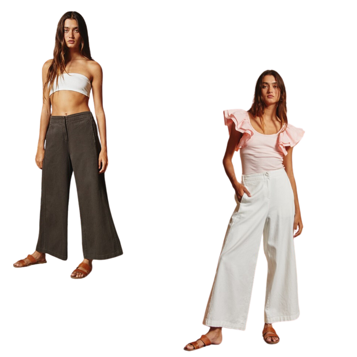 Featuring a high-rise waist with elastic band, these Wide Leg Crop ped Pants provide classic styling with side and back pocket detailing. Available in charcoal and white.