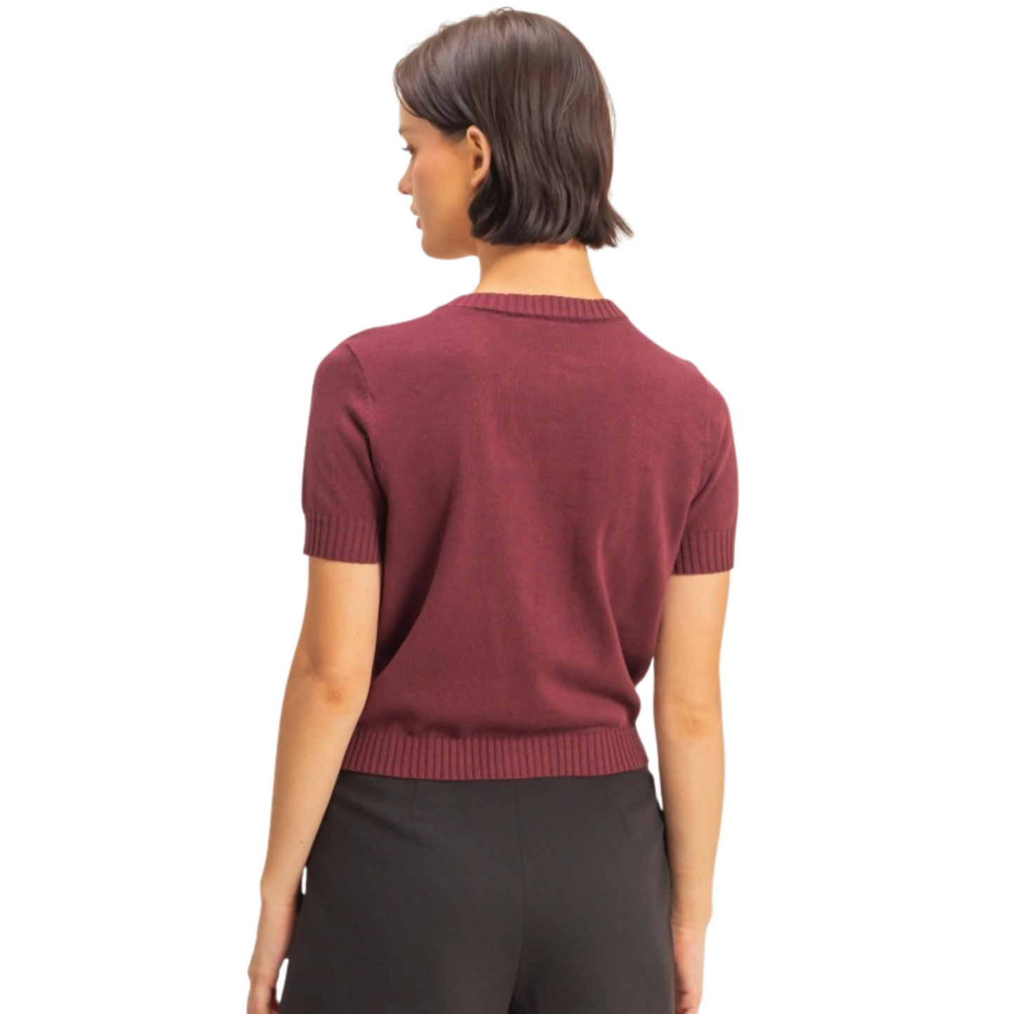 This Double Zero short sleeve button-down cardigan in dark cherry offers a refined blend of style and comfort. Its tailored fit and rich color make it an ideal choice for layering or wearing on its own, providing a polished look suitable for various occasions.