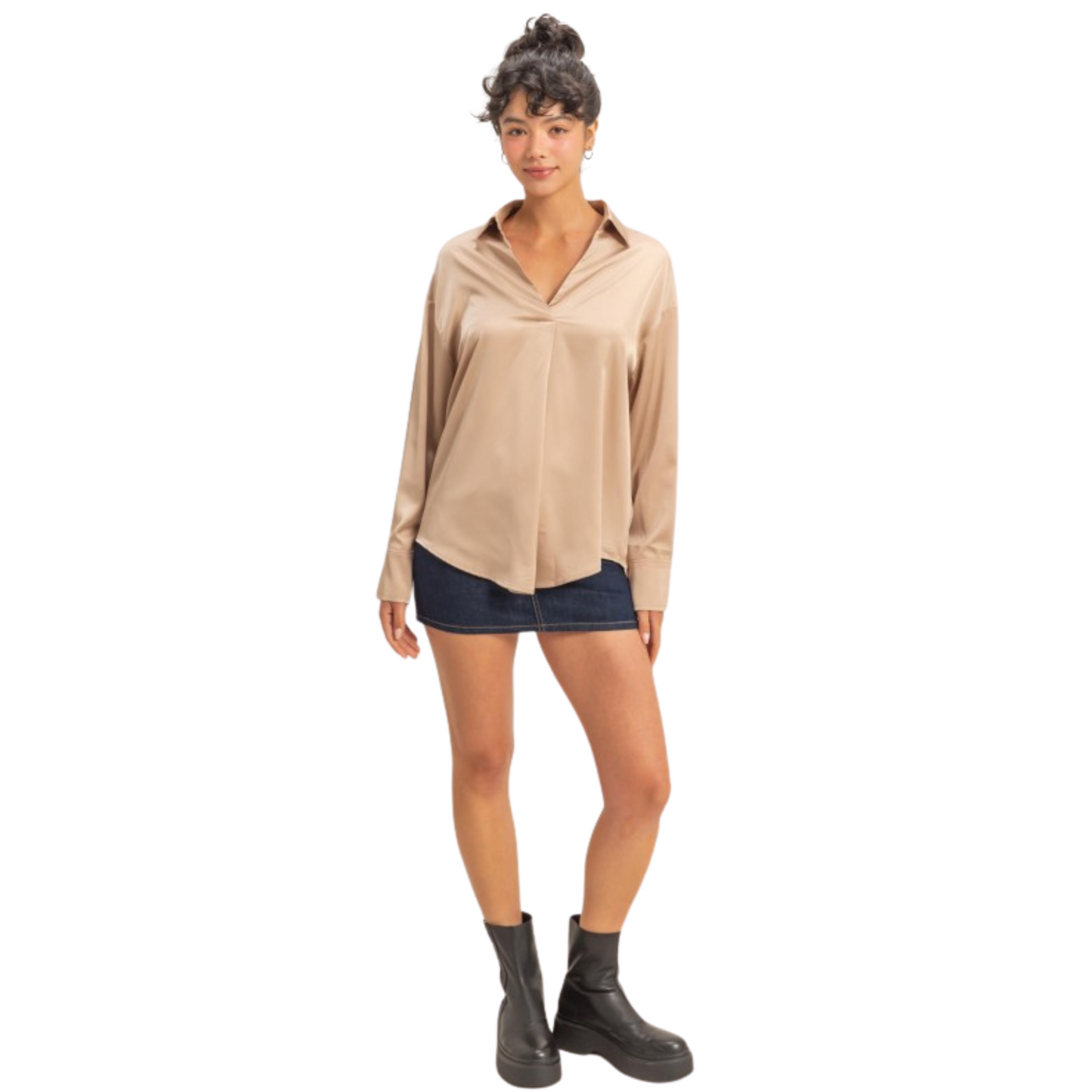 Satin V-Neck Top in Dark Taupe