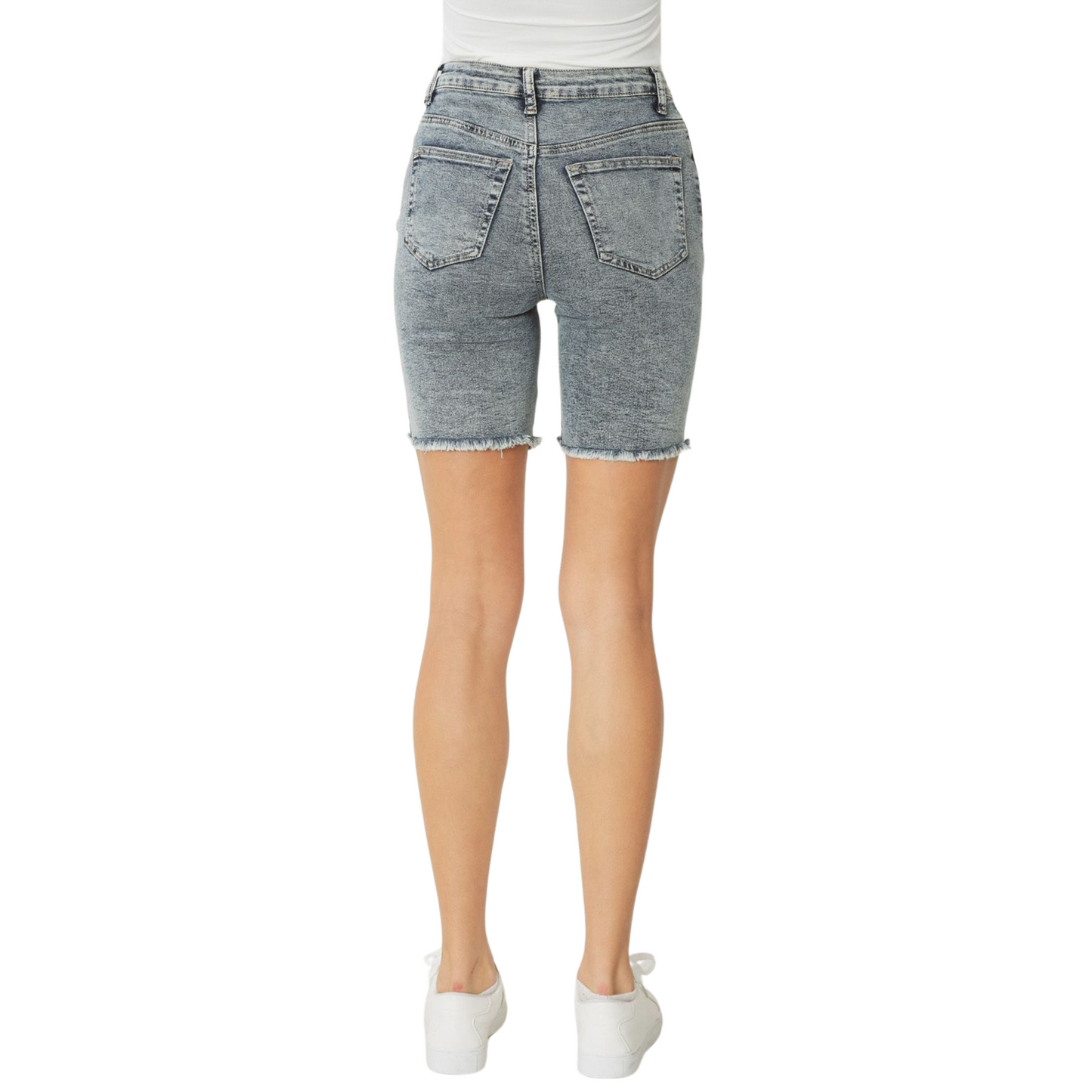Expertly crafted in acid wash denim, these bermuda shorts offer a distressed hem and trendy style. With a zipper and button closure, pockets at front and back, and belt loops, these shorts are both fashionable and functional. The soft knit fabric provides a lightweight and non-sheer feel for all-day comfort.