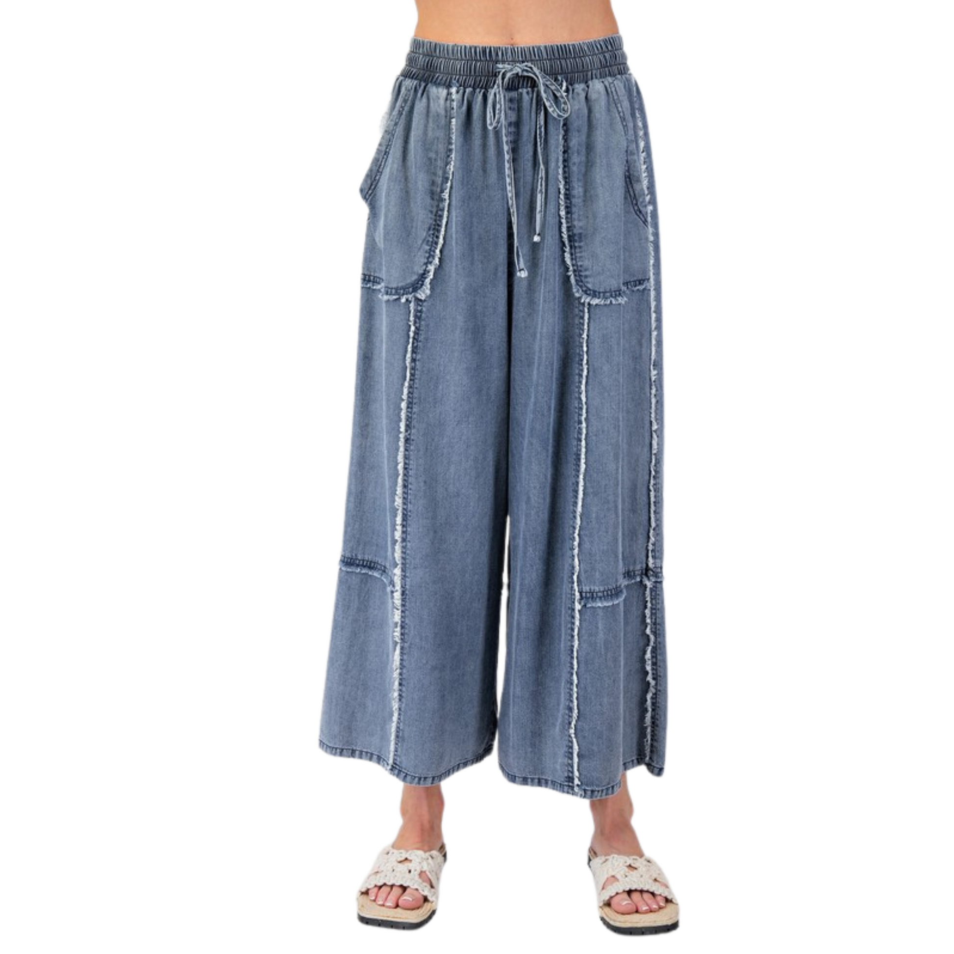 Update your wardrobe with our Chambray Palazzo Pants! These washed denim pants offer a relaxed and loose fit, perfect for a comfortable and stylish look. The smocked waistband with an adjustable tie provides a flattering silhouette while the frayed panel detailing adds a touch of uniqueness. With functional front pockets and a wide leg design, these pants are both practical and chic.