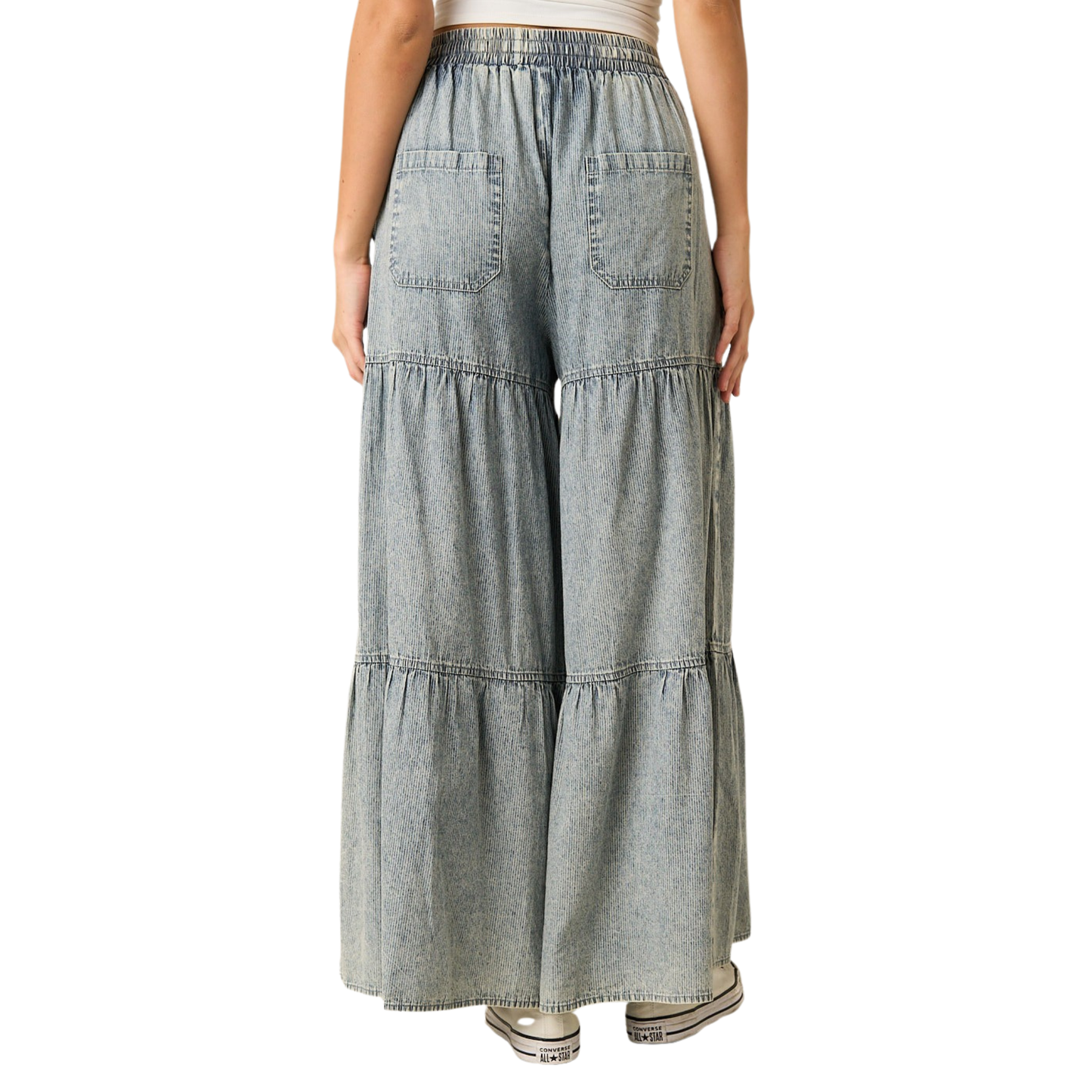 Elevate your casual wardrobe with these Mittoshop wide-leg trousers, crafted in soft washed chambray with subtle pinstripes. The adjustable drawstring waist ensures a comfortable, customizable fit, while the relaxed silhouette flatters all body types. Perfect for effortless style that transitions seamlessly from day to night.