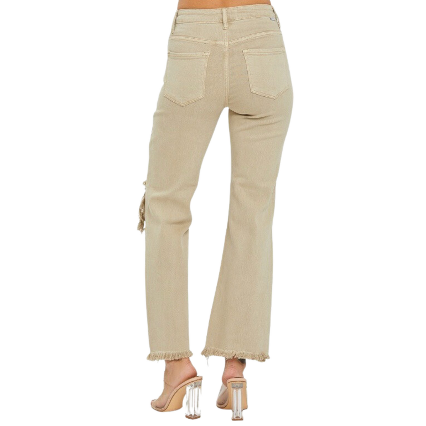 High rise distressed jeans in khaki