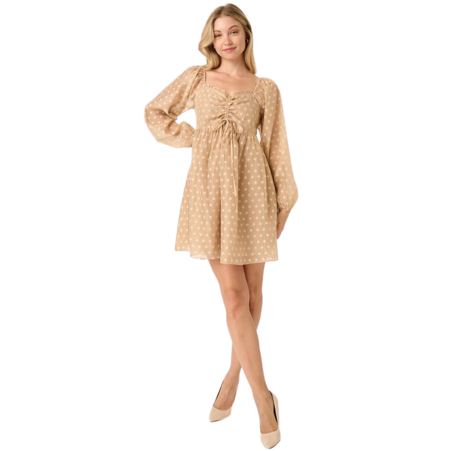 Look sharp in this Dot Jacquard Babydoll dress, crafted with a organza woven fabric. The dress features a princess neckline, long sleeves, ruching detail on the yoke, and a mini length. The sophisticated mocha color creates a timeless, yet stylish ensemble you'll want to wear over and over.