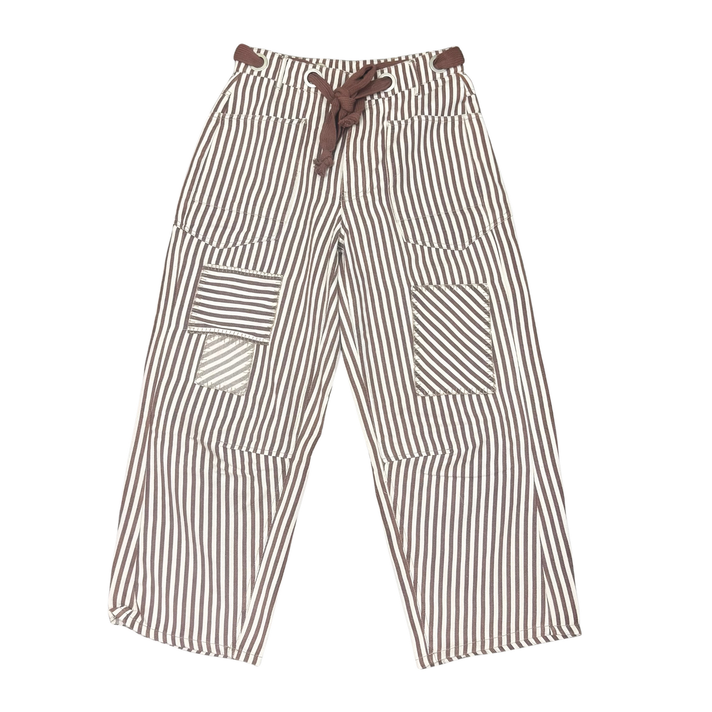 These Drawstring Barrel Pants feature a subtle striped pattern in a warm brownie cream color, combining style with comfort. Designed with a practical drawstring waist, they offer adjustable fit and ease of wear. Their relaxed barrel shape provides a modern silhouette suitable for casual or sophisticated looks. Ideal for those seeking versatile pants that blend understated design with functional details.