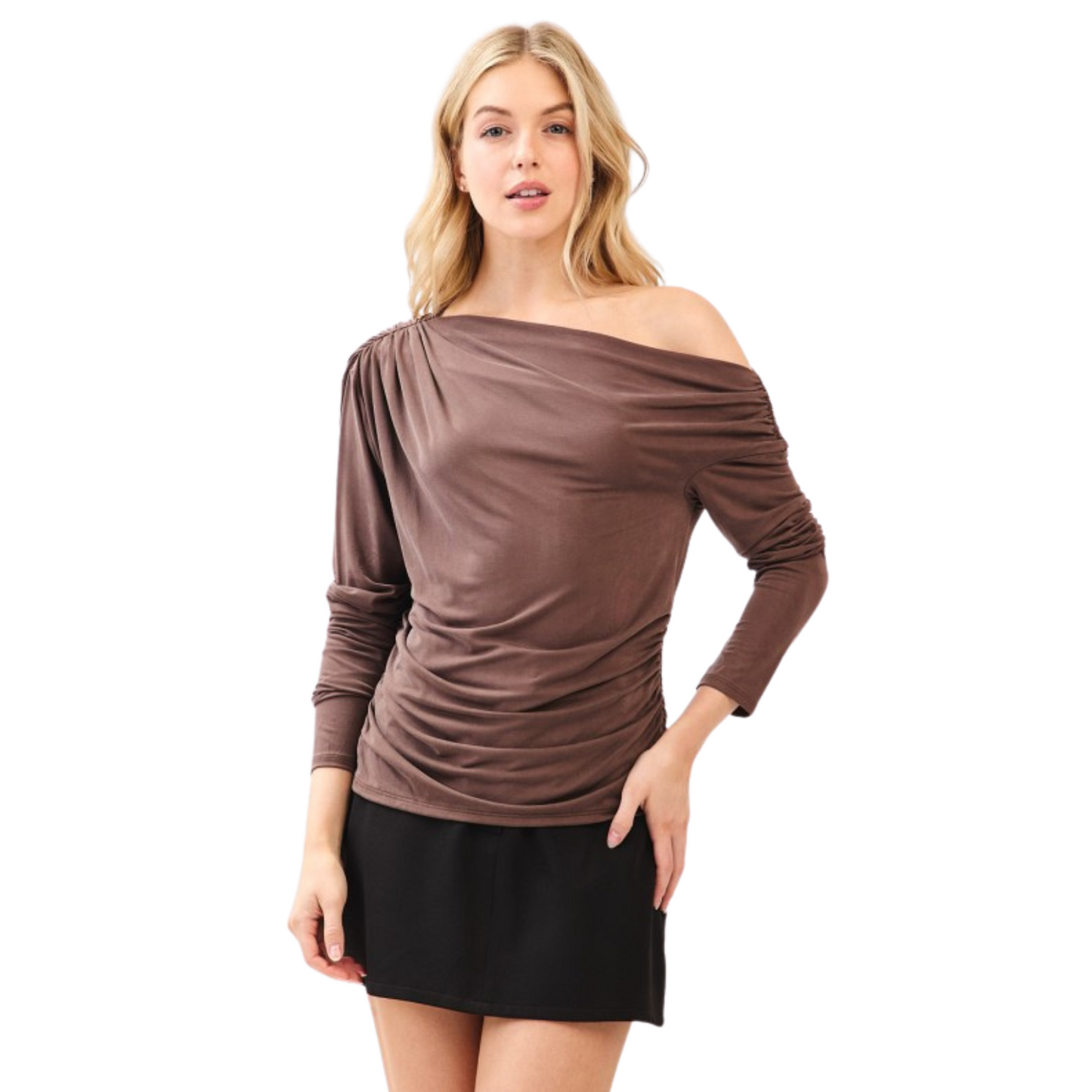 Long Sleeve Drape Knit Top in Espresso