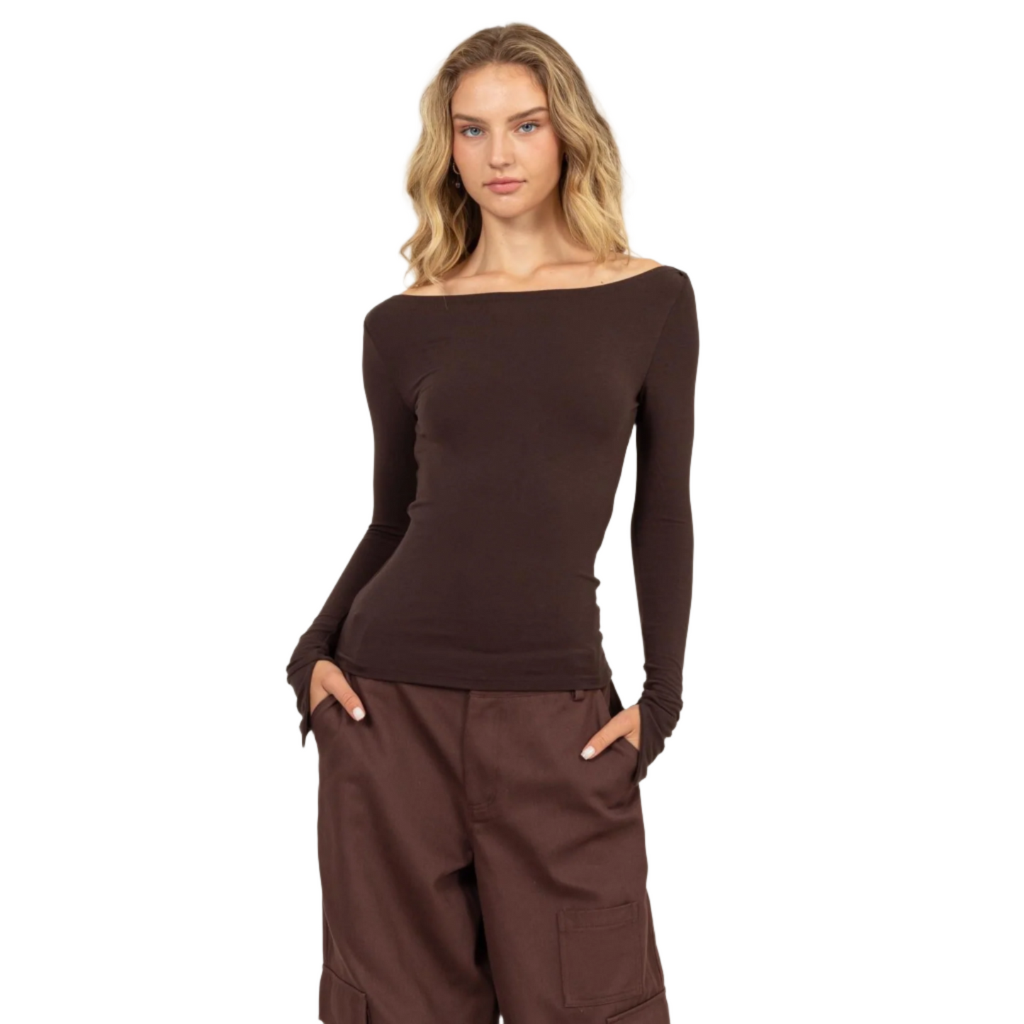This boat neck long sleeve top in espresso features a flattering boat neckline and a slim fit silhouette, making it an essential addition to your wardrobe. Crafted from a soft, stretchy fabric, it ensures all-day comfort and a perfect fit. The long sleeves provide added warmth, while the simple design allows for versatile styling. Pair this elegant top with your favorite jeans, skirt, or shorts for a chic and polished look, suitable for both casual and dressy occasions. 