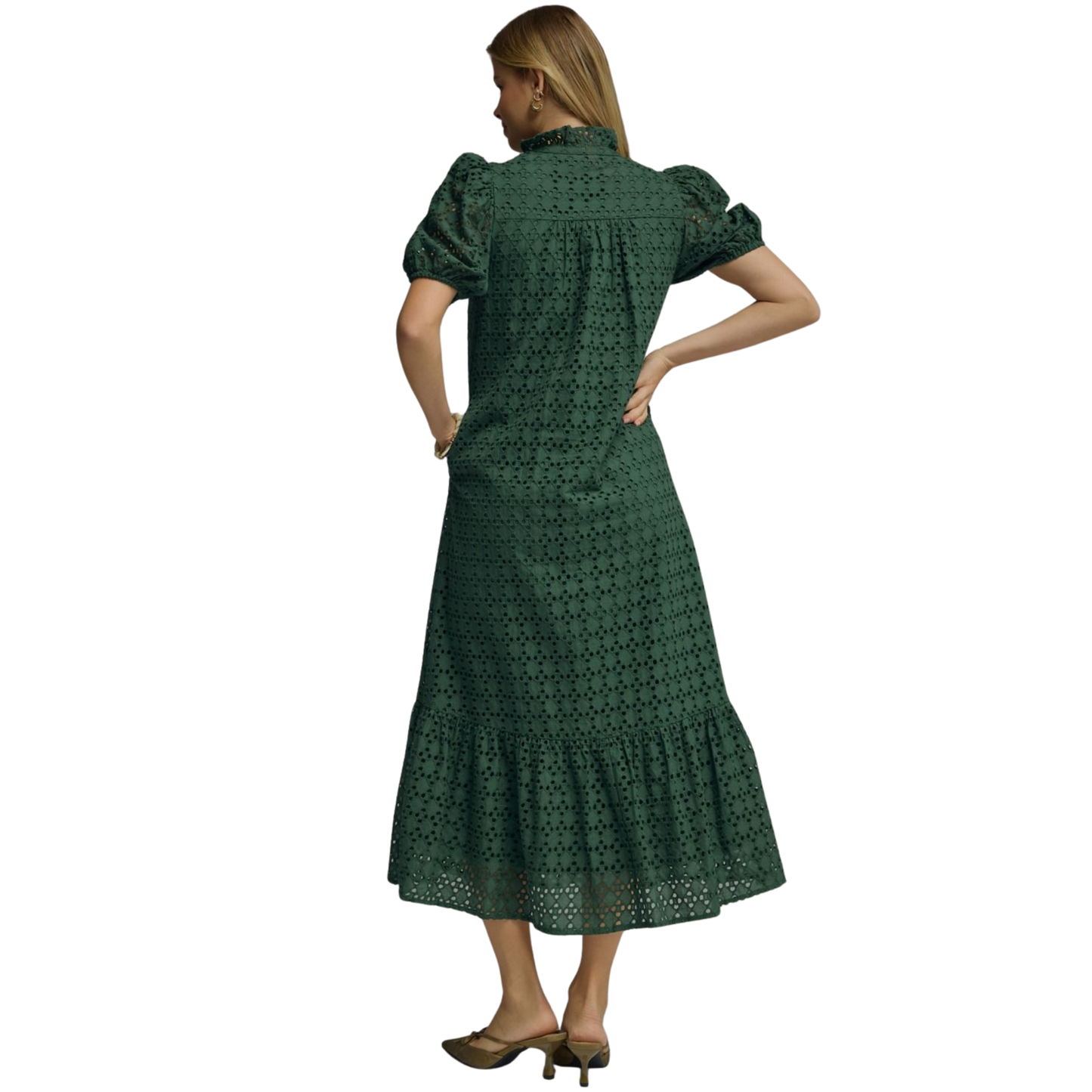 Elevate your wardrobe with this stunning Eyelet Puff Sleeve Midi Dress by Entro. Crafted in rich hunter green, this piece features charming short puff sleeves that add feminine flair and a flattering V-neckline. The eyelet detailing brings texture and visual interest, while the midi length offers versatile styling for any occasion. Perfect for brunch, date night, or casual gatherings, this dress combines comfort with effortless elegance.