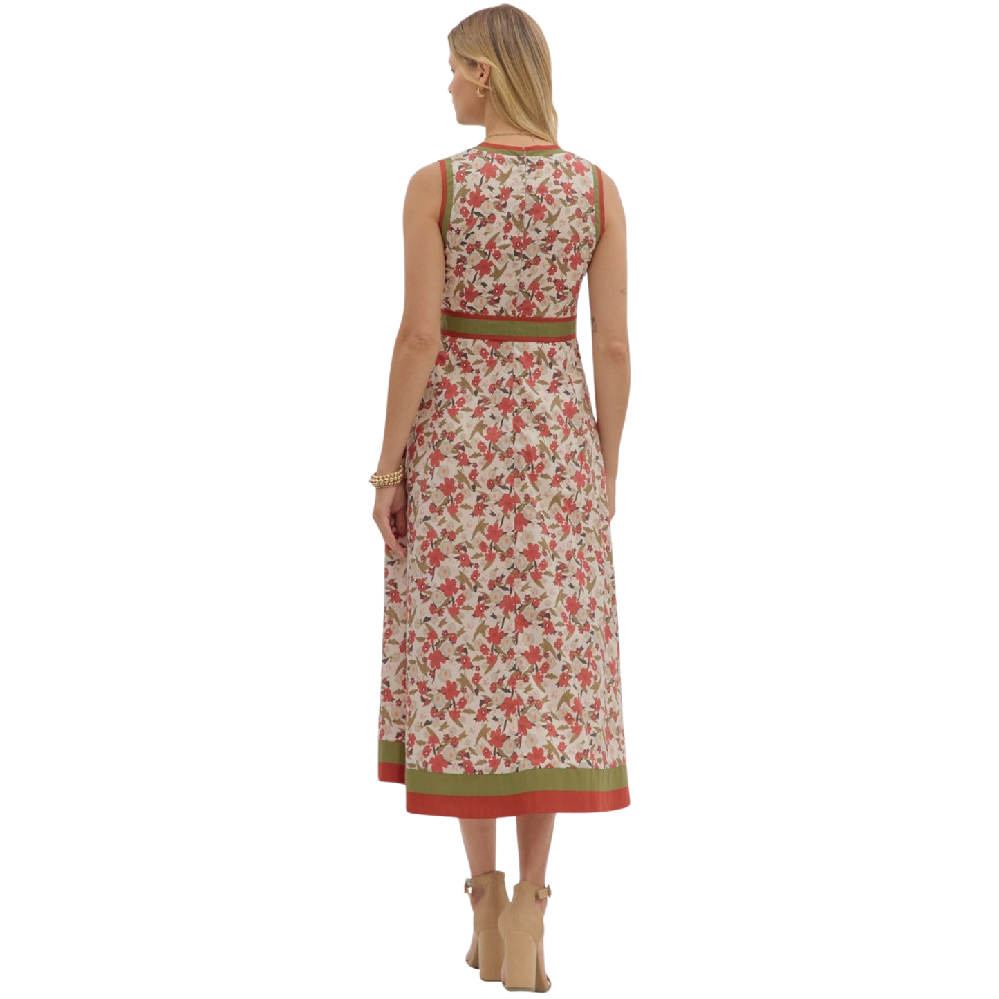 Elevate your warm-weather wardrobe with this sophisticated Entro midi dress, featuring a timeless floral print against a neutral ecru backdrop. The sleeveless silhouette offers breathable comfort, while the integrated belt defines your waist and creates a flattering, polished line. Perfect for garden parties, brunch outings, or casual weekend elegance, this piece transitions seamlessly from day to evening.