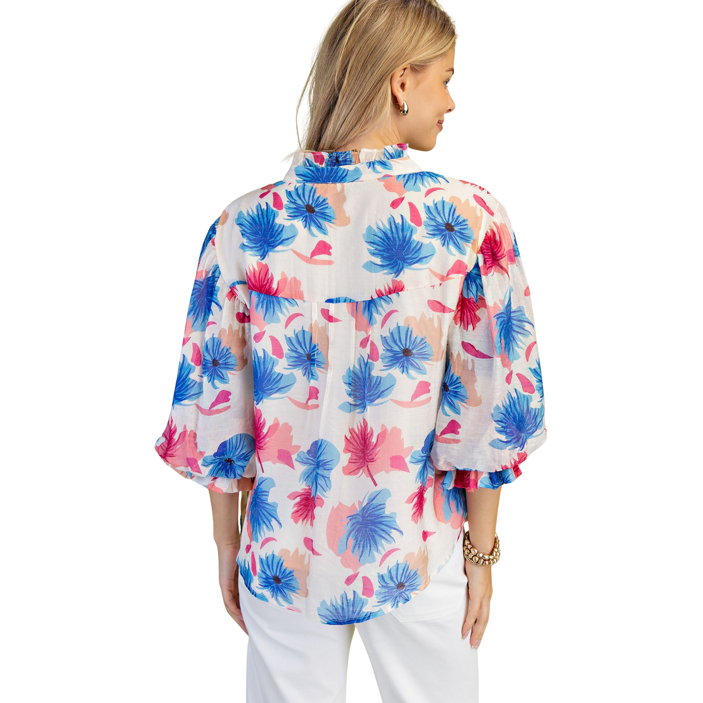 Elevate your casual wardrobe with this charming floral button down top from GiGio. Featuring a vibrant blue mix floral print, this short sleeve style offers effortless everyday elegance. The classic button-down design makes it versatile enough to dress up or down, perfect for pairing with jeans, skirts, or tailored pants. Soft, breathable fabric keeps you comfortable throughout the day while the timeless floral pattern adds a fresh, feminine touch to any outfit.