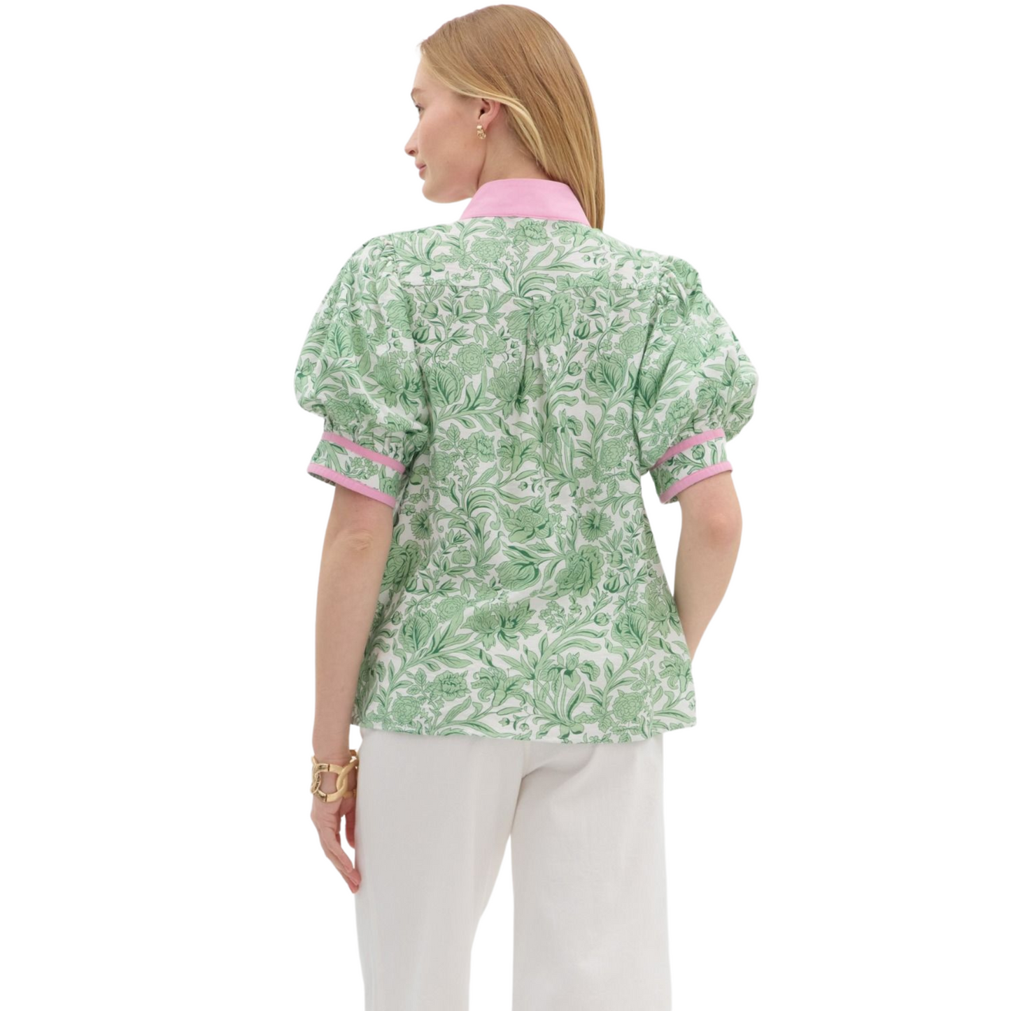 Expertly designed with a vibrant floral print, this pullover top boasts voluminous puff sleeves and a caftan-inspired high neck band for a unique and stylish look. The split V-neck and cuff finish add a touch of contrast to this lightweight and non-sheer woven top. Perfect for adding a pop of color to any outfit.