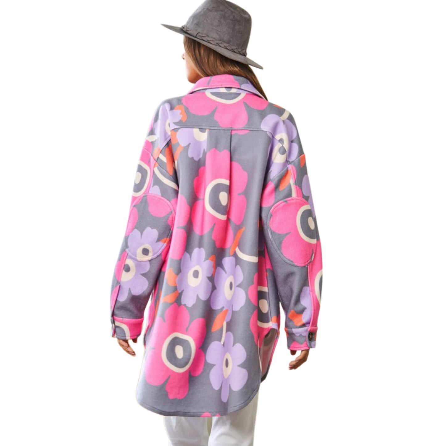 This Retro Floral Shacket is a must-have for any wardrobe. Crafted with a grey base and adorned with pink and purple flowers, this stylish and statement-making piece is sure to turn heads. Featuring a button front and shacket jacket style, it will keep you warm and comfortable all season long.