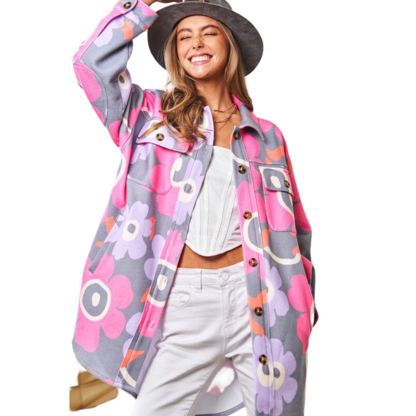 This Retro Floral Shacket is a must-have for any wardrobe. Crafted with a grey base and adorned with pink and purple flowers, this stylish and statement-making piece is sure to turn heads. Featuring a button front and shacket jacket style, it will keep you warm and comfortable all season long.