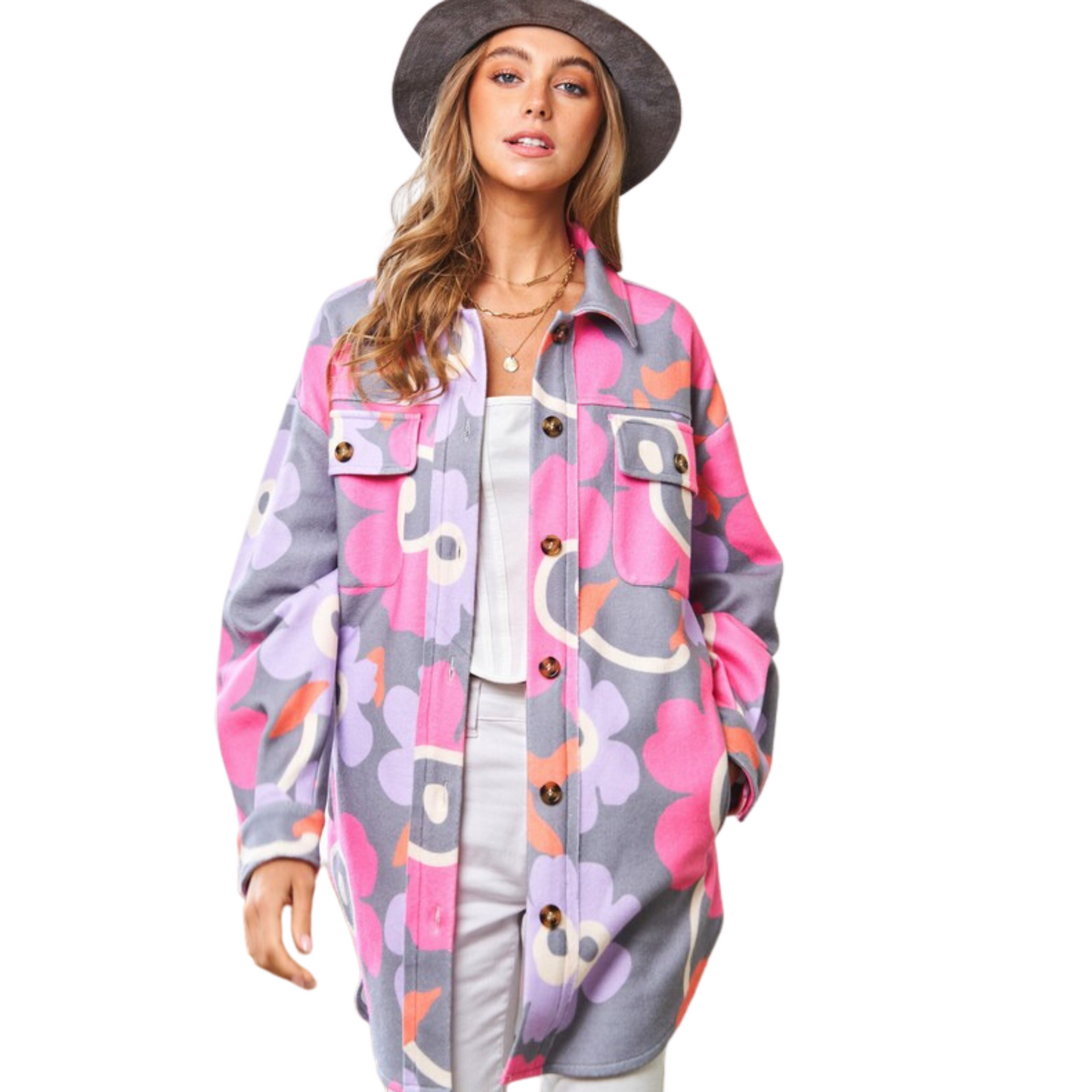 This Retro Floral Shacket is a must-have for any wardrobe. Crafted with a grey base and adorned with pink and purple flowers, this stylish and statement-making piece is sure to turn heads. Featuring a button front and shacket jacket style, it will keep you warm and comfortable all season long.