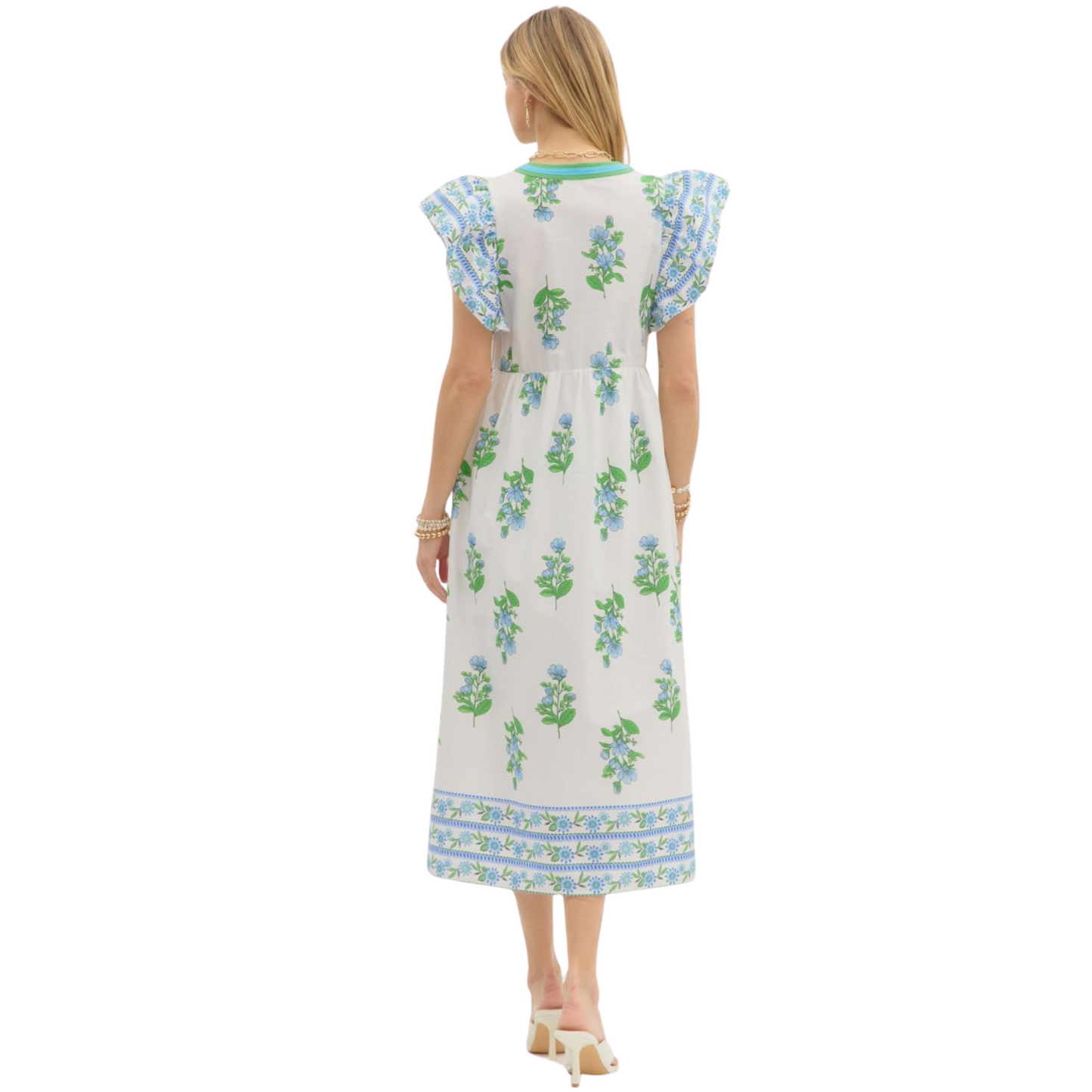 This Entro brand Flutter Sleeve Midi Dress features a floral print framed border pattern with flutter sleeves, a split neck accented by a multicolor band, and side pockets. The dress is lightweight, woven, and non-sheer, and comes lined for added comfort. Perfect for any occasion, its versatile design offers both style and practicality.