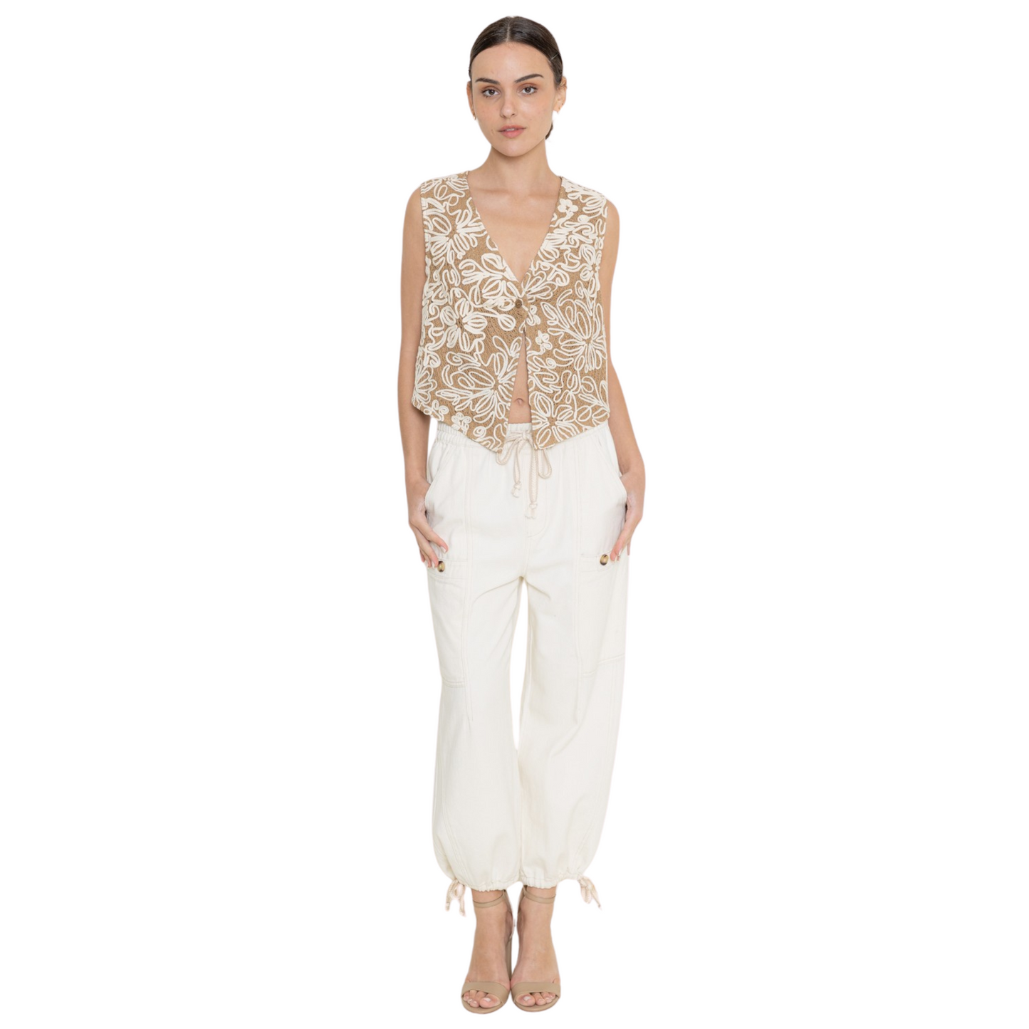 Embrace comfort and style with these ivory Elastic Waistband Casual Pants from the Fore collection. Featuring practical front pockets and a customizable drawstring hem, these pants offer both functionality and a personalized fit. Perfect for casual outings or relaxed days at home, they combine everyday versatility with thoughtful design elements.