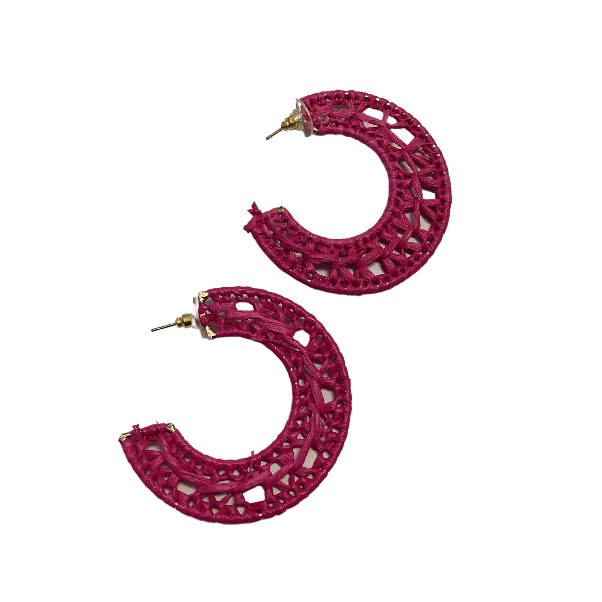 fuchsia colored rafia hoop earrings