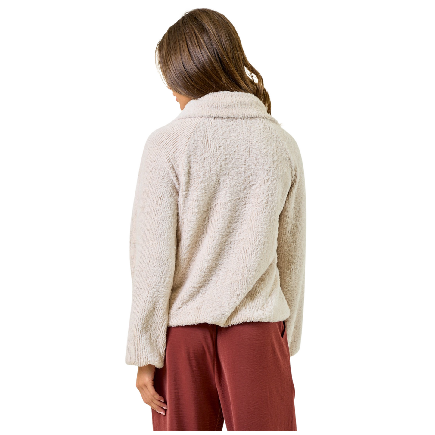 Elevate your wardrobe with the Soft Fuzzy Knit Top by Doe and Rae. This champagne-colored button-down features a cozy fuzzy texture and a sophisticated funnel neck, offering both warmth and style. Perfect for layering or wearing solo, it provides a refined, soft-touch comfort ideal for cooler days.