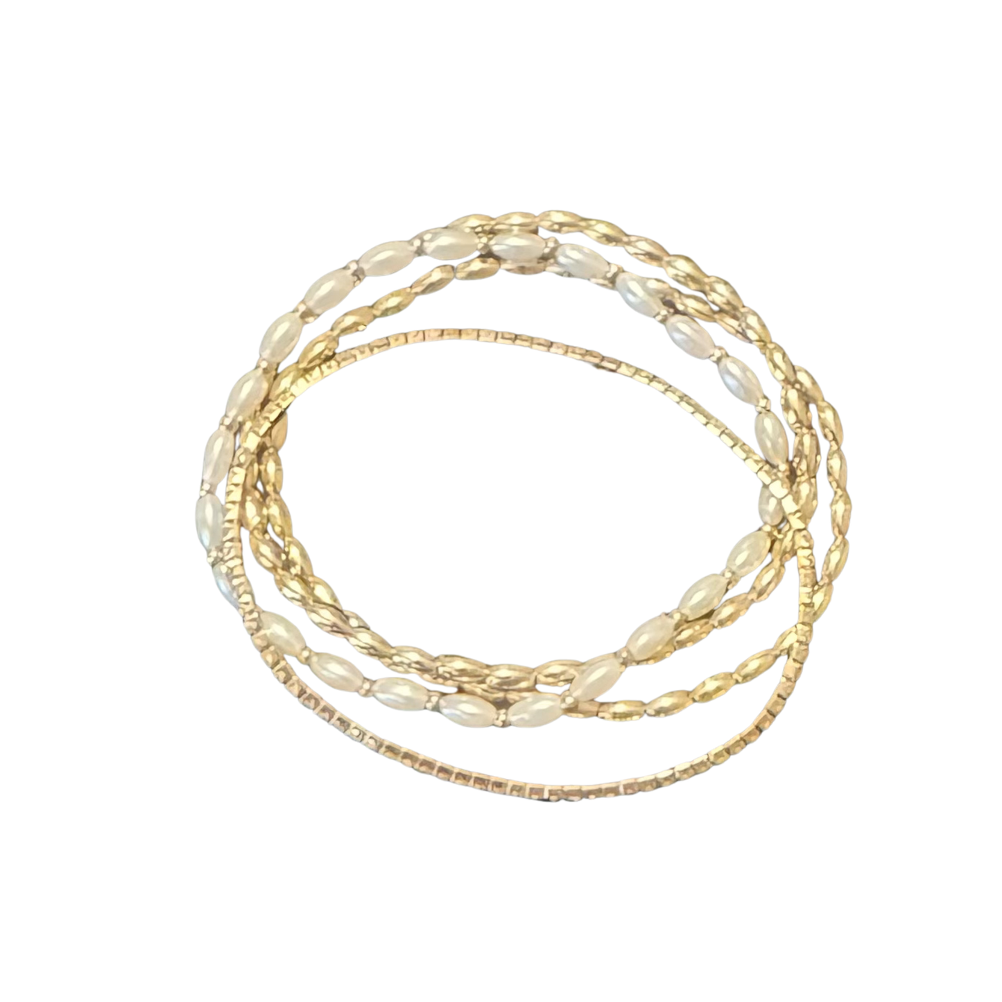 Master the art of stacking with ETE brand's layered stretchy bracelets, featuring elegant gold and pearl detailing. These expertly designed pieces combine timeless materials with practical comfort—the stretchy construction adapts to any wrist size without compromising sophistication. Layer multiple bracelets to create a curated, high-impact aesthetic, or wear individually for refined simplicity. The lustrous pearls and warm gold tones work harmoniously across various skin tones and occasions.