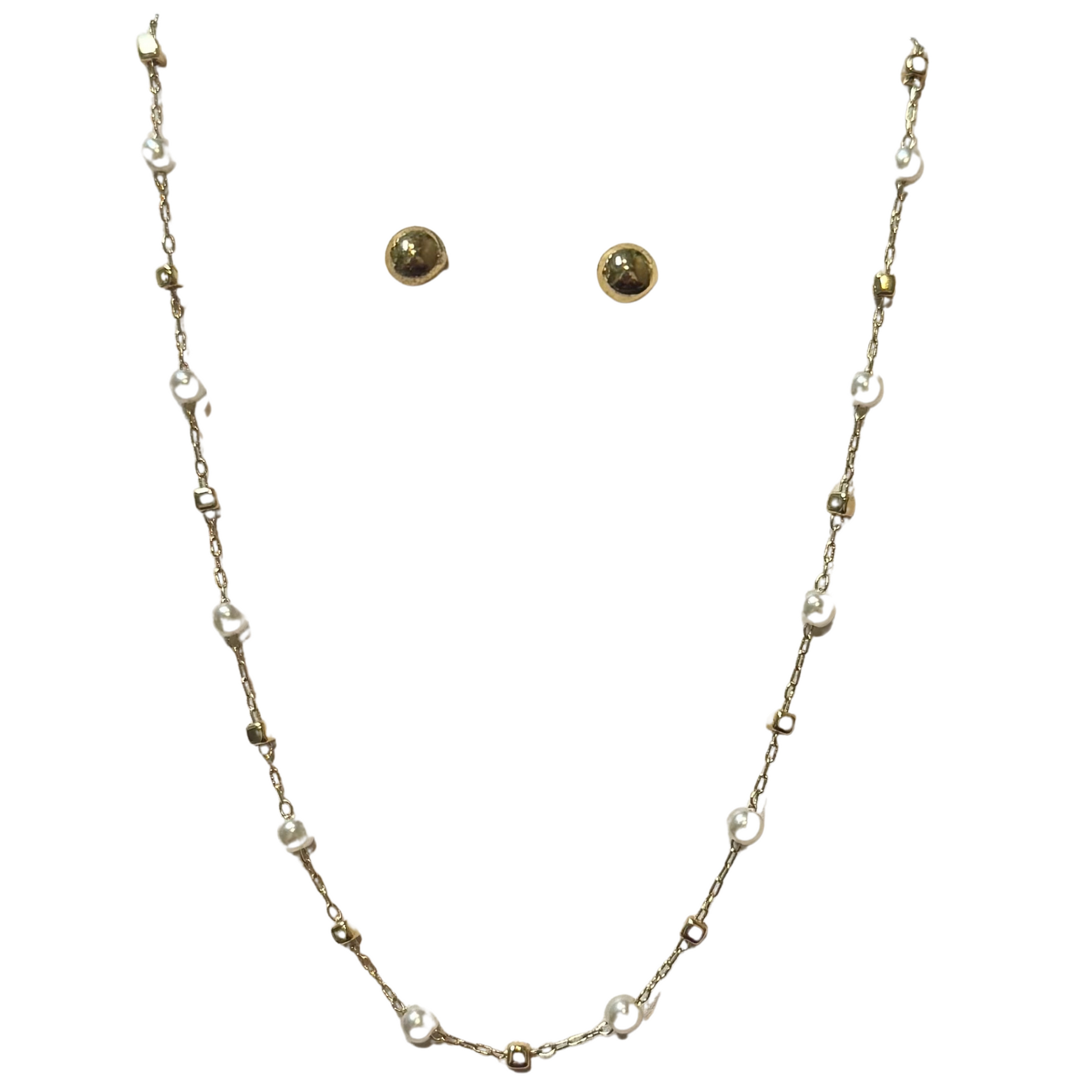 Elevate your style with our stunning Bead and Pearl Necklace Set. Featuring elegant gold accents and lustrous pearls, this short necklace and earring set is the perfect addition to any outfit. The small gold bead stud earrings add a touch of sophistication. Enhance your look today.