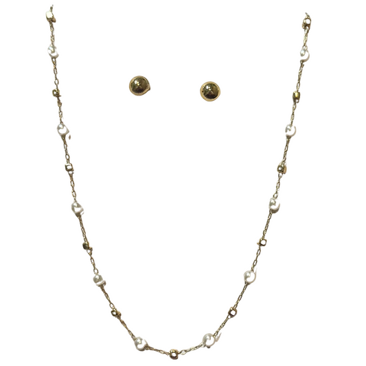 Elevate your style with our stunning Bead and Pearl Necklace Set. Featuring elegant gold accents and lustrous pearls, this short necklace and earring set is the perfect addition to any outfit. The small gold bead stud earrings add a touch of sophistication. Enhance your look today.