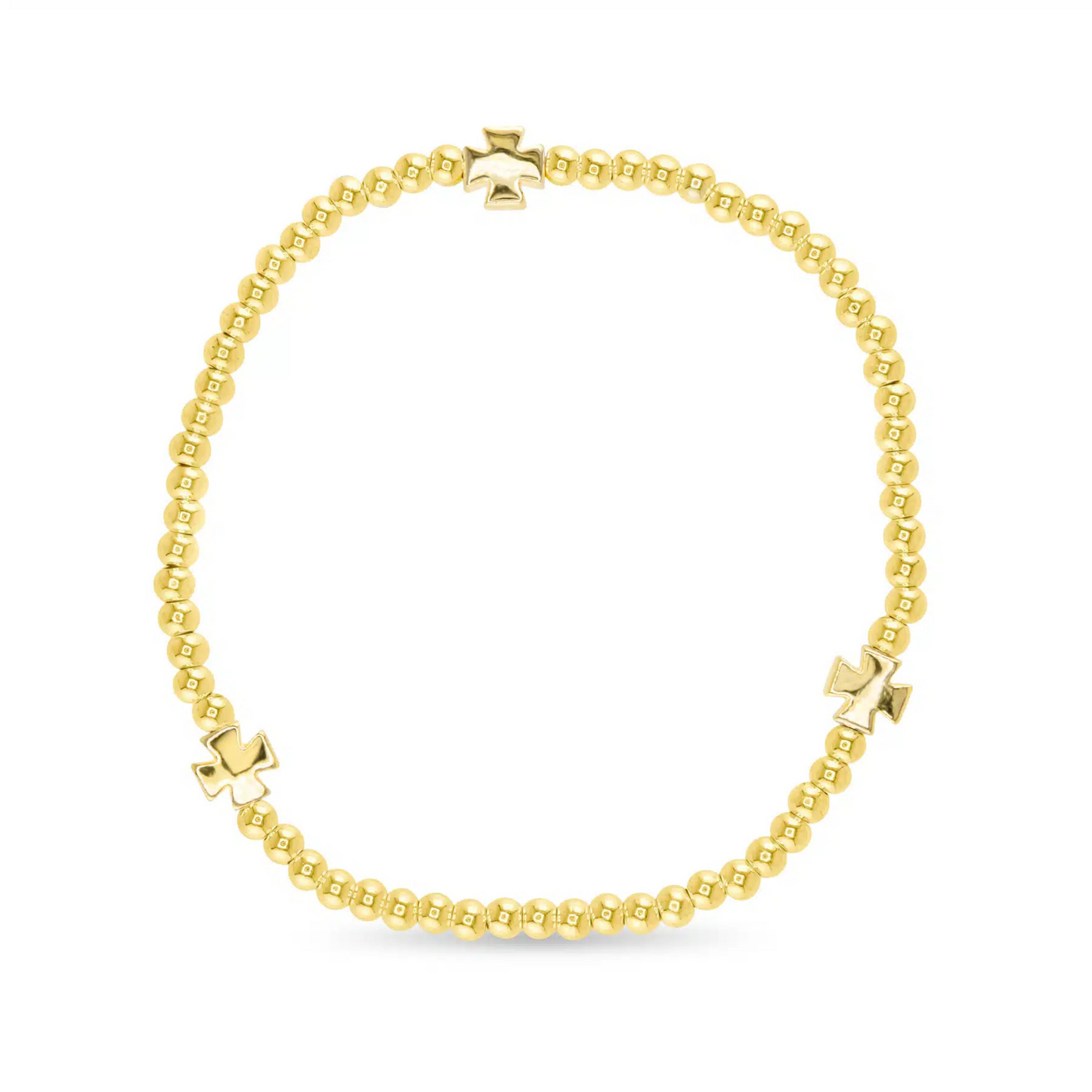 Elevate your accessory collection with this Gold Bead Large Bracelet from Amanda Blu. Featuring elegant gold cross accents and shimmering gold beads, this stretchy bracelet combines style with comfort. Its flexible design ensures a perfect fit for all-day wear, making it a sophisticated addition to any outfit.