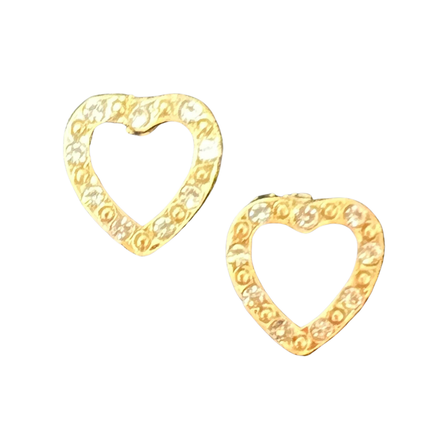gold heart stud earrings with rhinestone accents