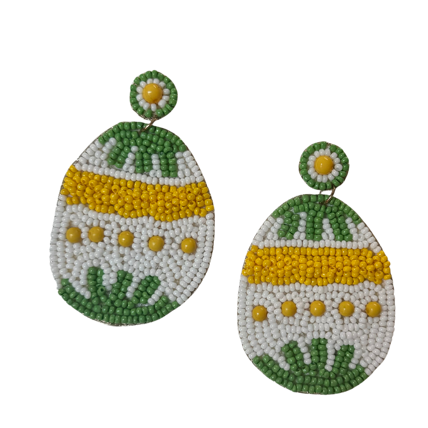 Beaded Easter egg earrings in green and yellow