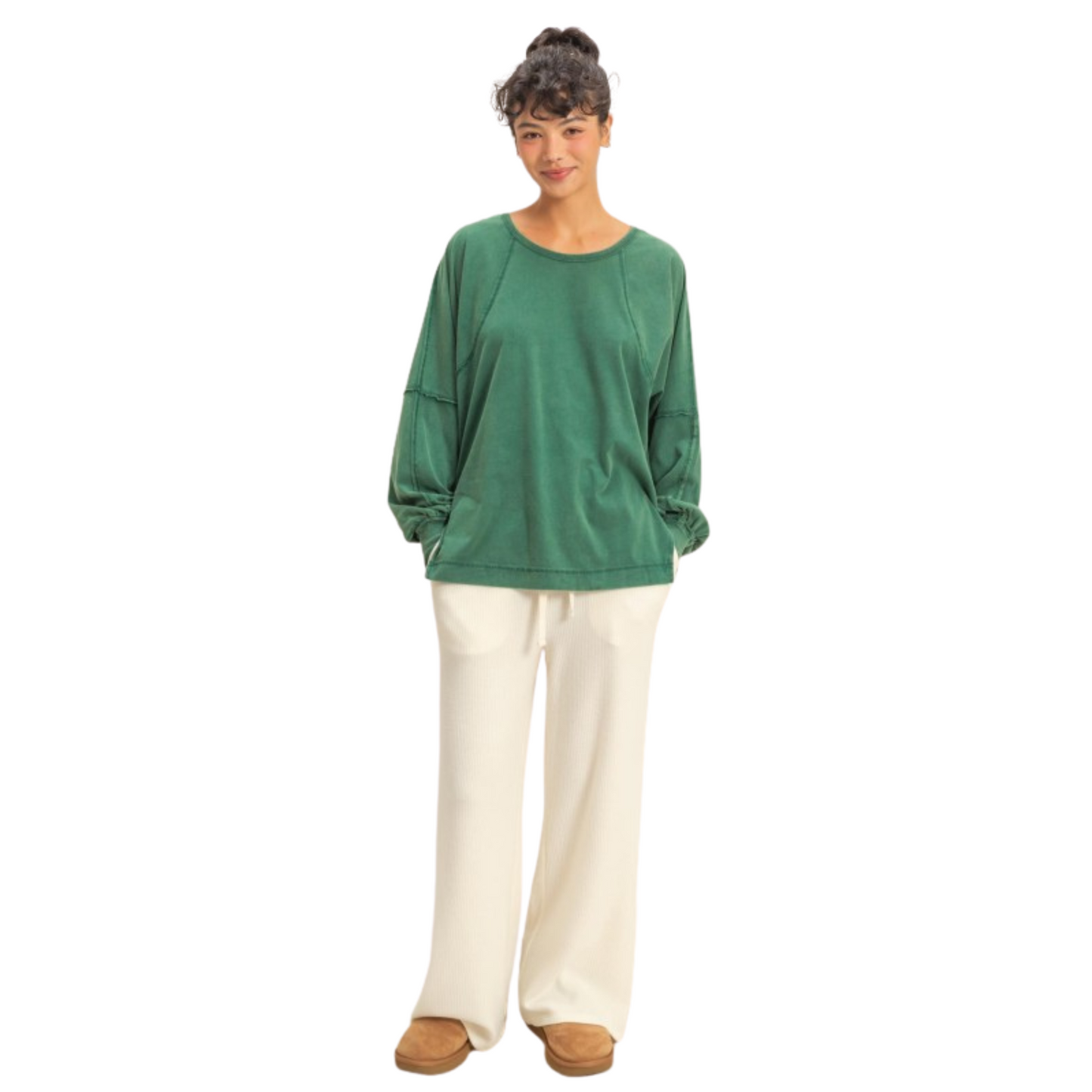 Washed Oversized Long Sleeve Top in Dark Green