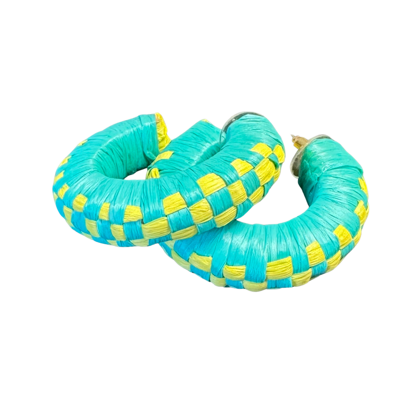 Raffia Wrapped Plaid Hoops in green and yellow