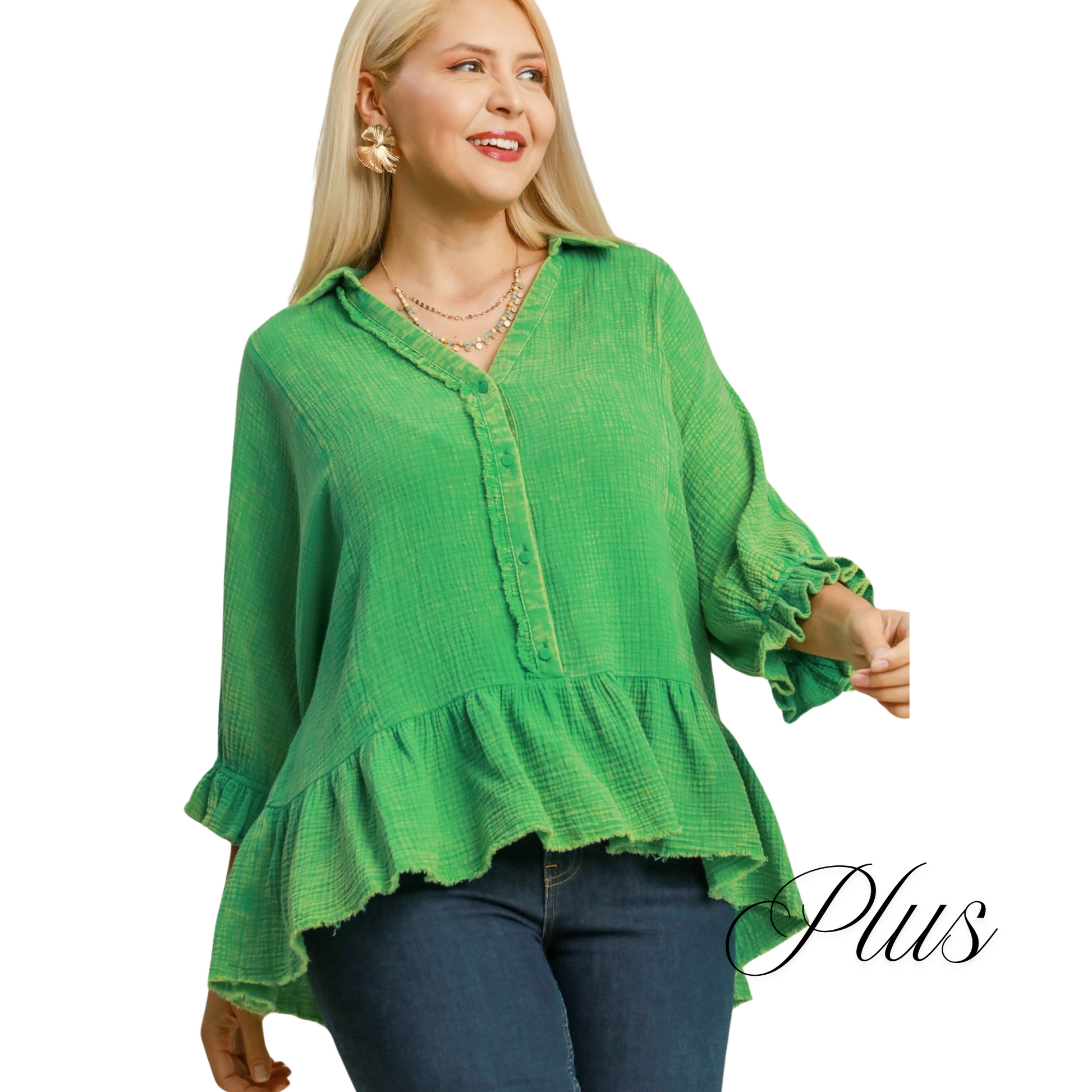 Experience the ultimate comfort and style with the Mineral Wash Top by Umgee. Made with green mineral wash and lightweight gauze material, this plus size top features a flattering v-neck design. Elevate your wardrobe with this trendy and versatile piece.