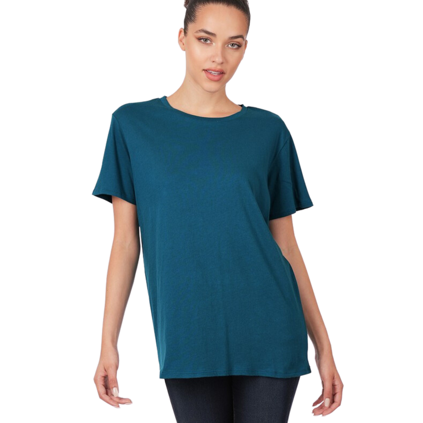 teal colored round neck boyfriend tee